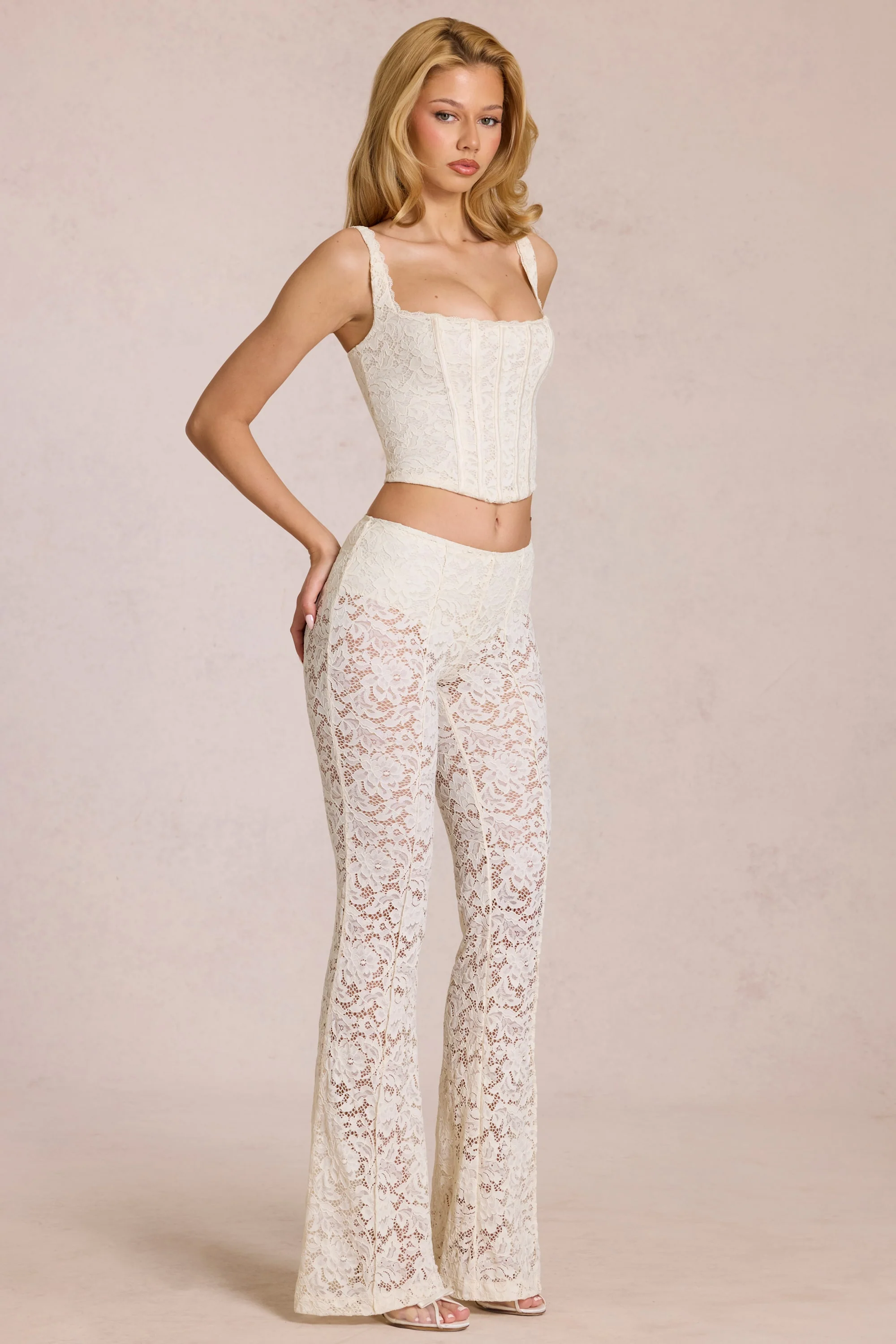 Sheer Lace Mid-Rise Flared Trousers in Ivory - Image 7