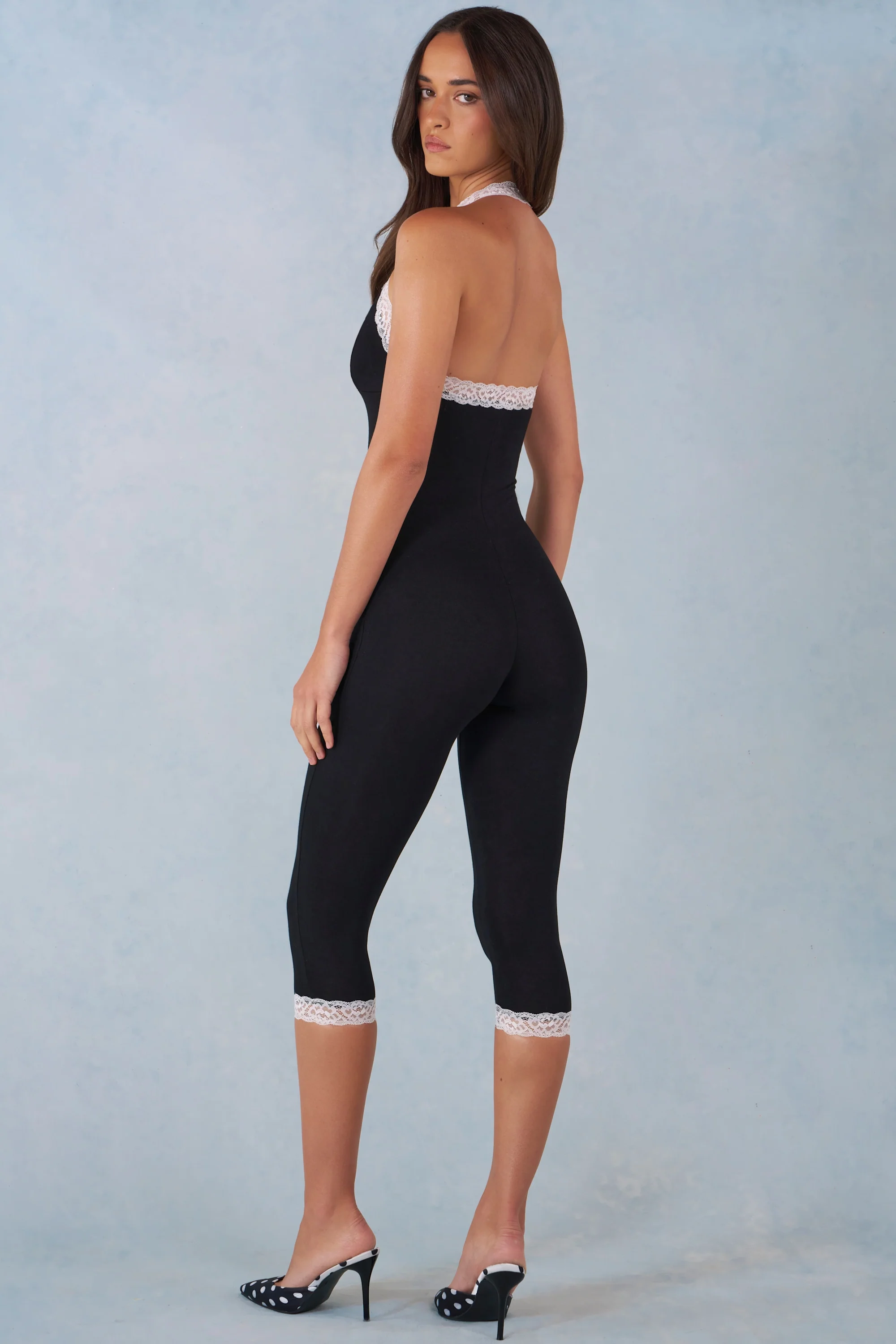 Modal Lace-Trim Capri Jumpsuit  in Black - Image 2