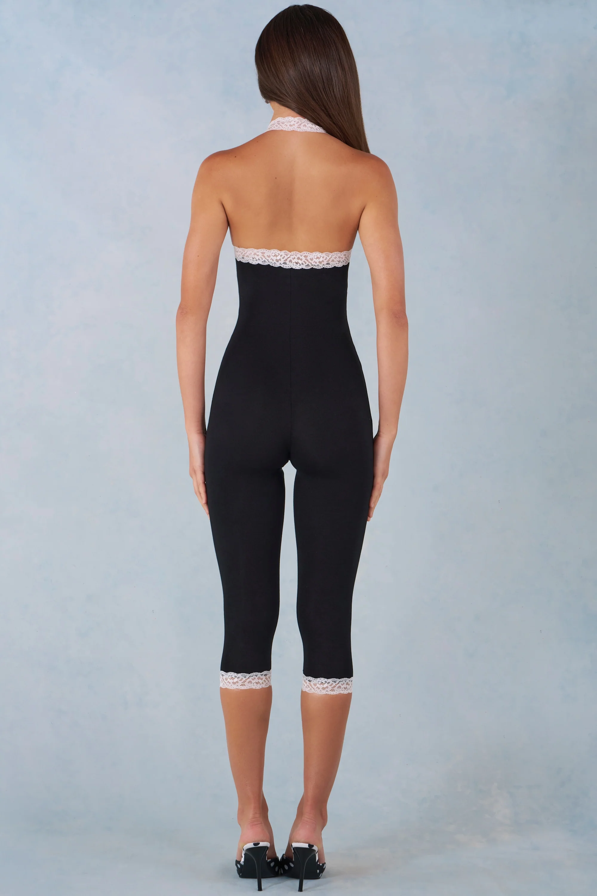Modal Lace-Trim Capri Jumpsuit  in Black - Image 3