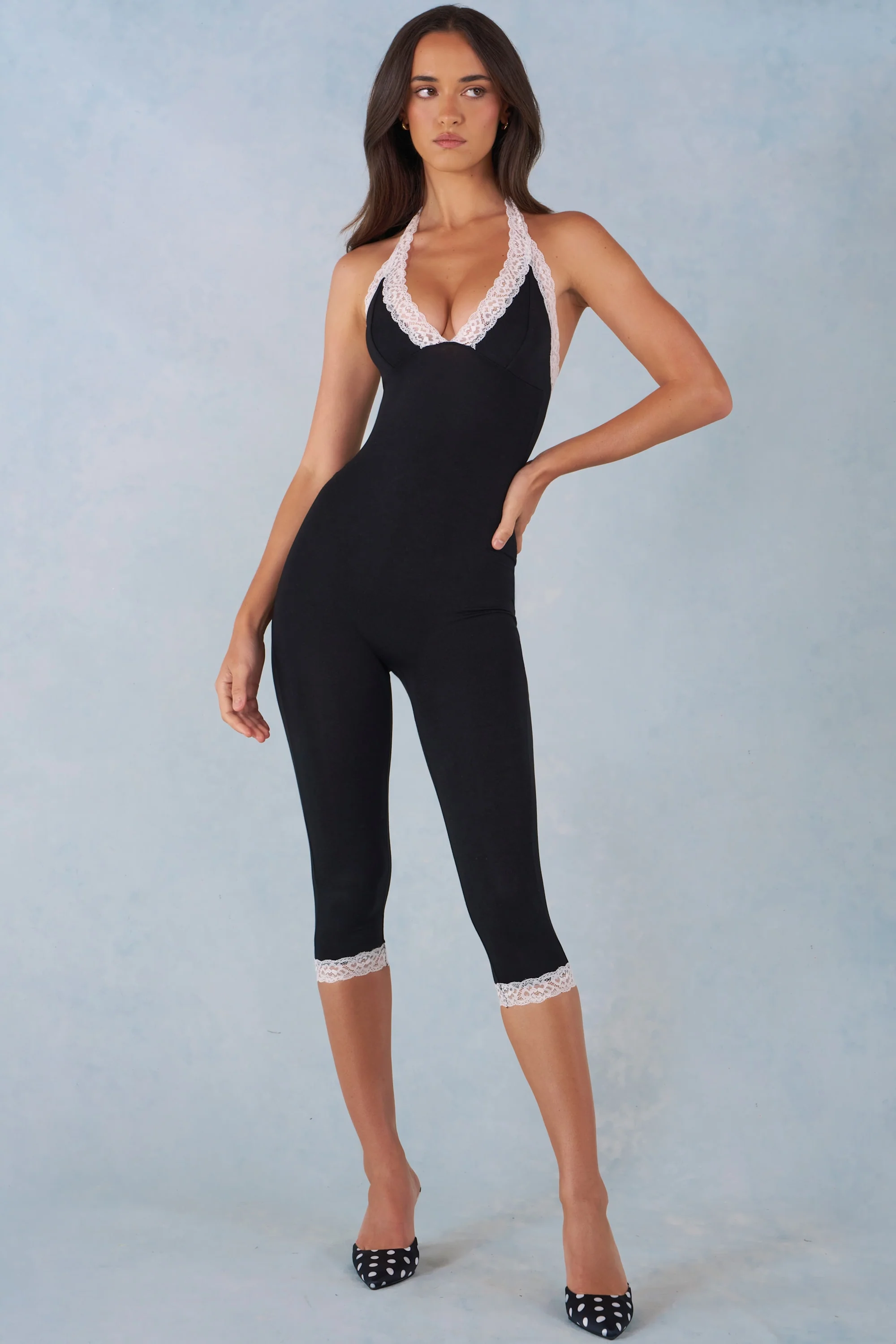Modal Lace-Trim Capri Jumpsuit  in Black - Image 8