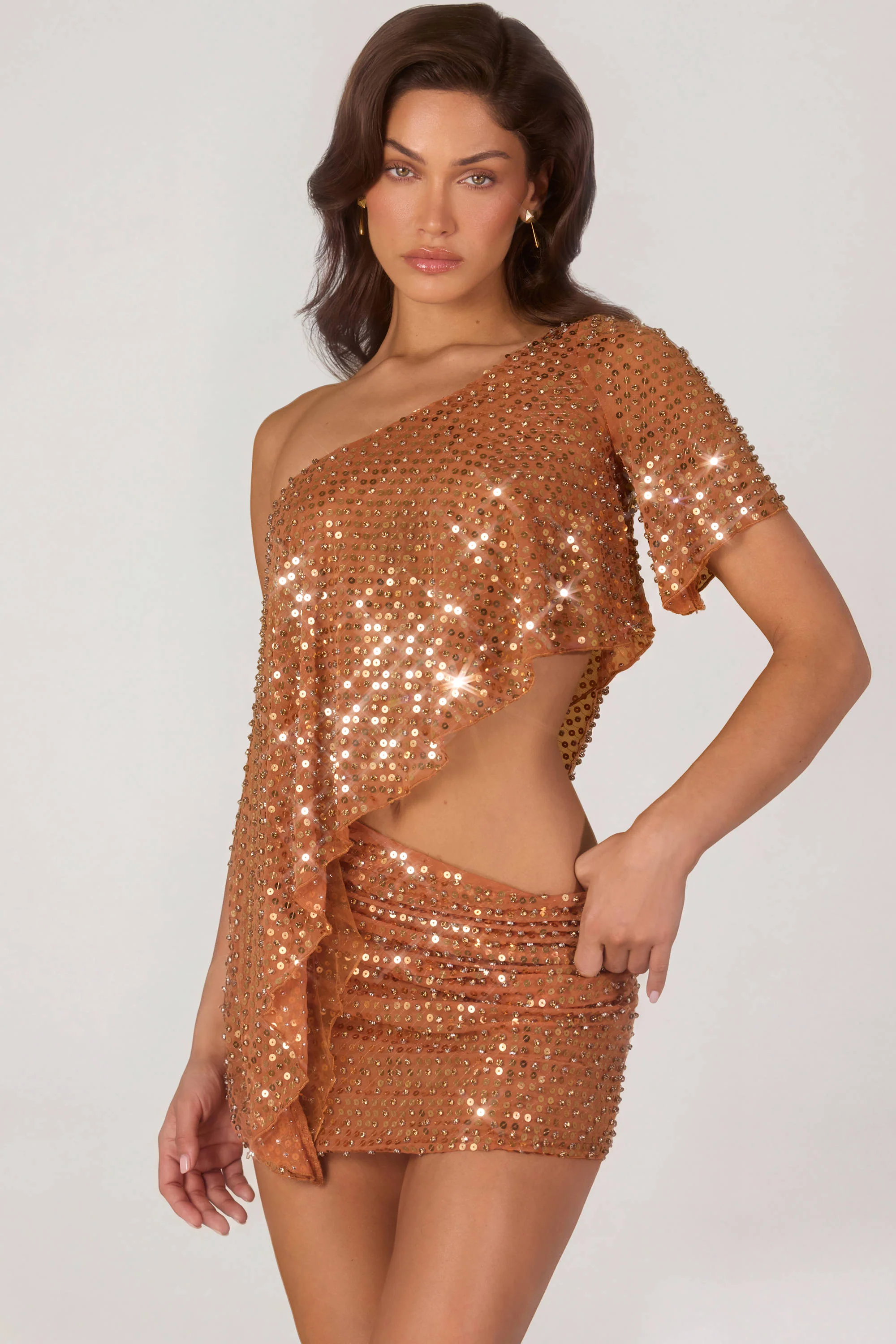 Embellished One-Shoulder Asymmetric Top in Bronze - Image 10