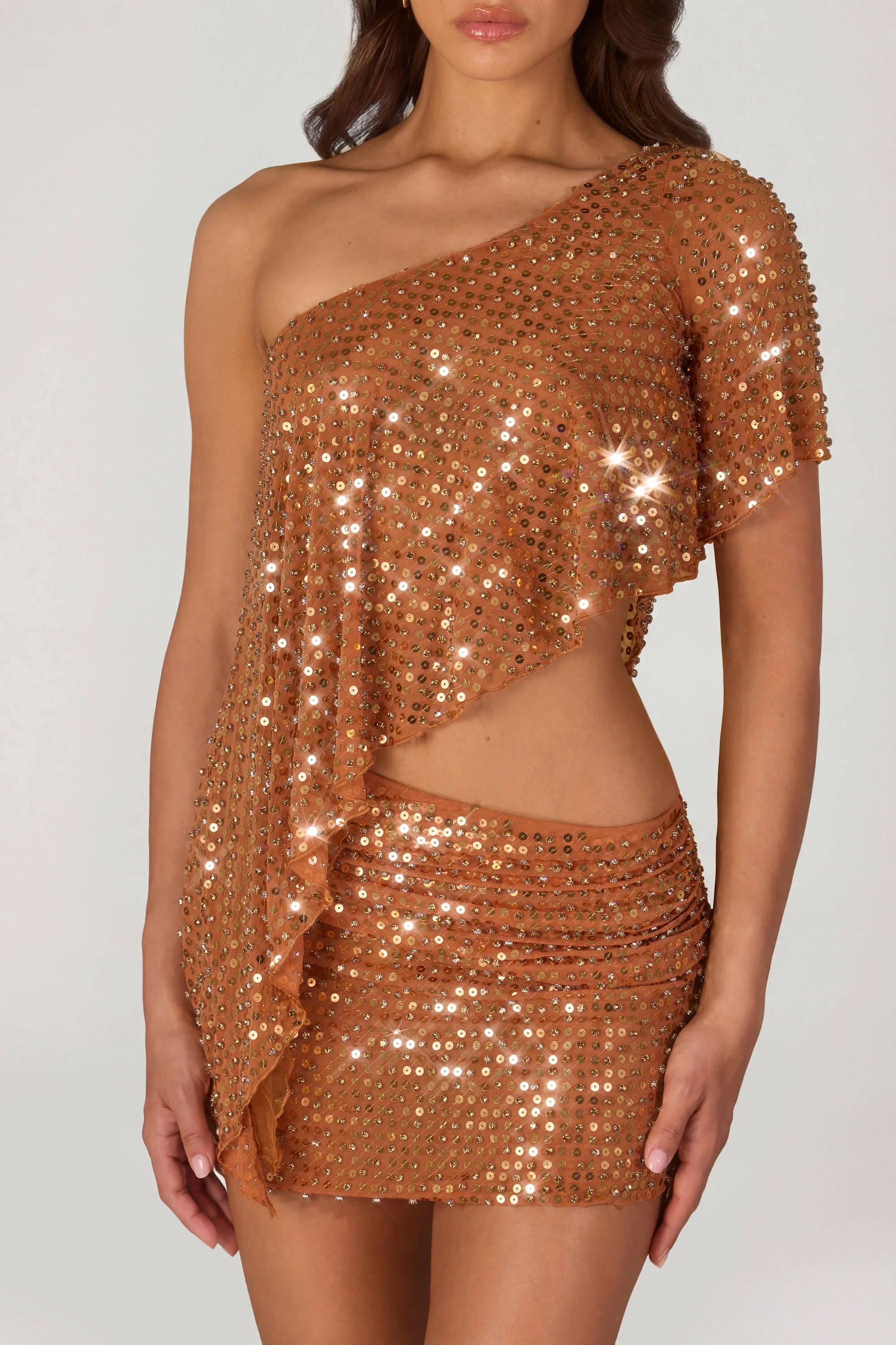 Embellished One-Shoulder Asymmetric Top in Bronze - Image 4