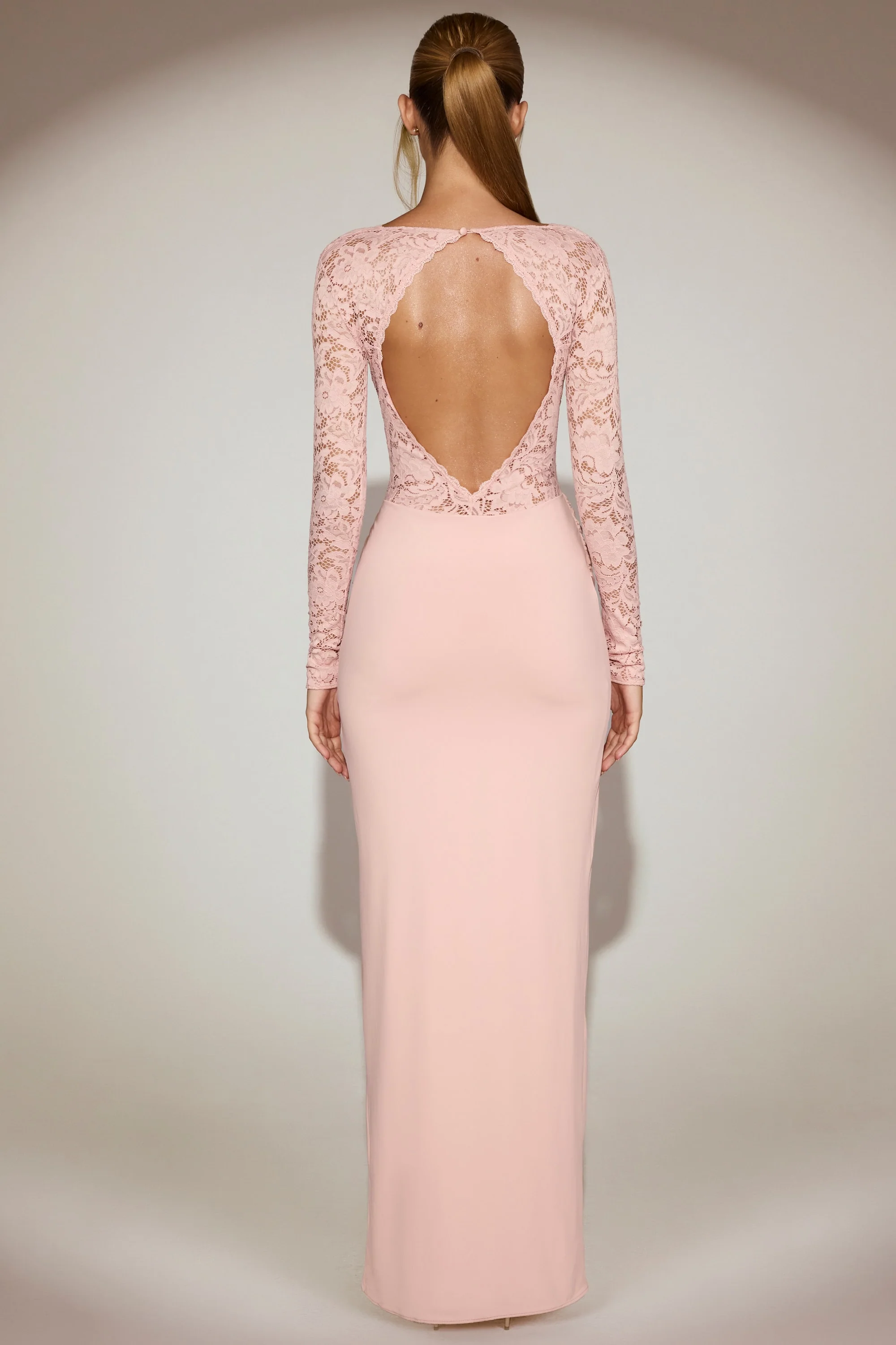 Lace Scalloped Plunge-Neck Maxi Dress in Pink - Image 7