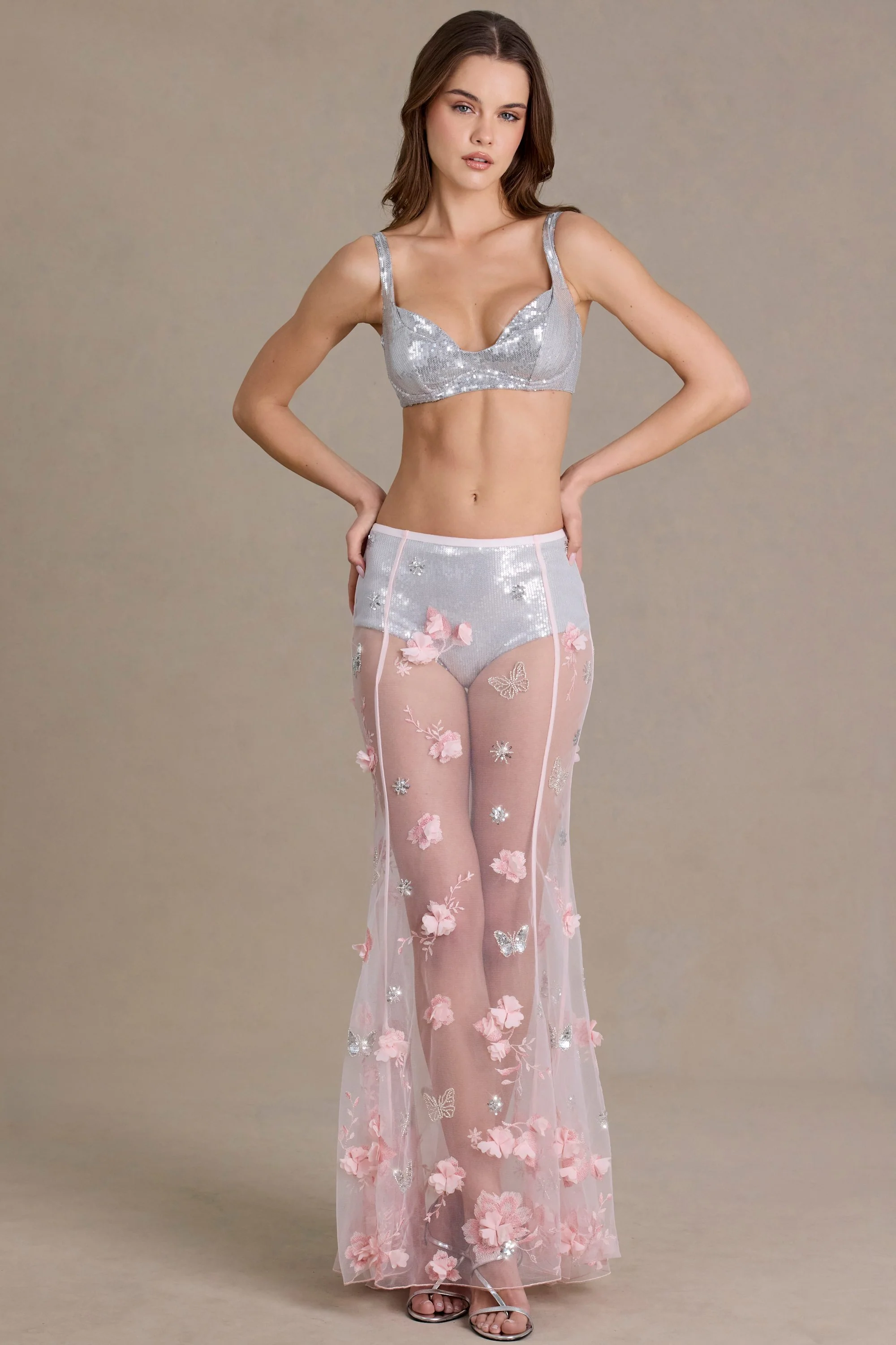 Sequin Mesh Mid-Rise Mini Shorts in Silver - Image 5