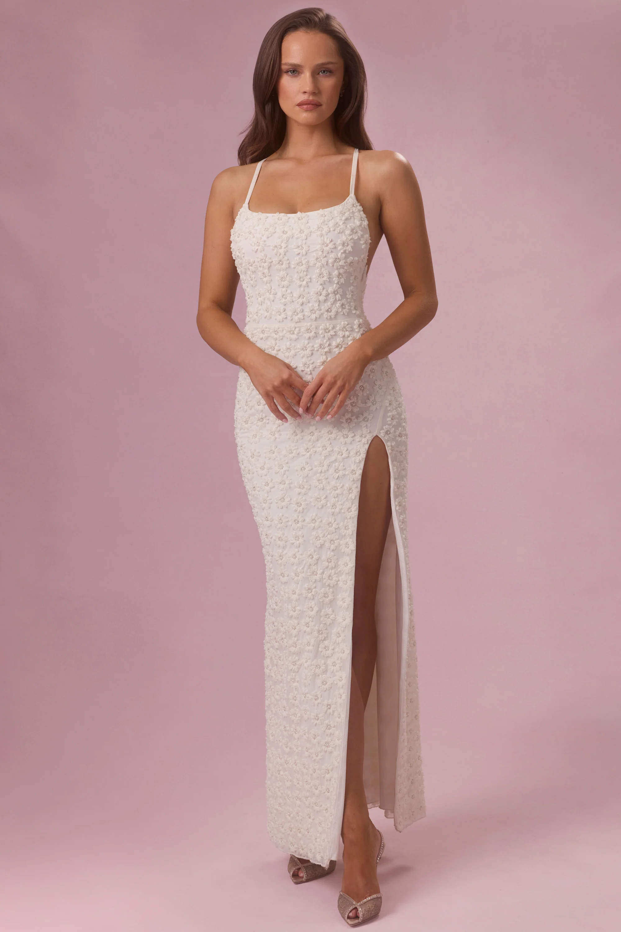Embellished Square Neck Maxi Dress in Ivory - Image 5