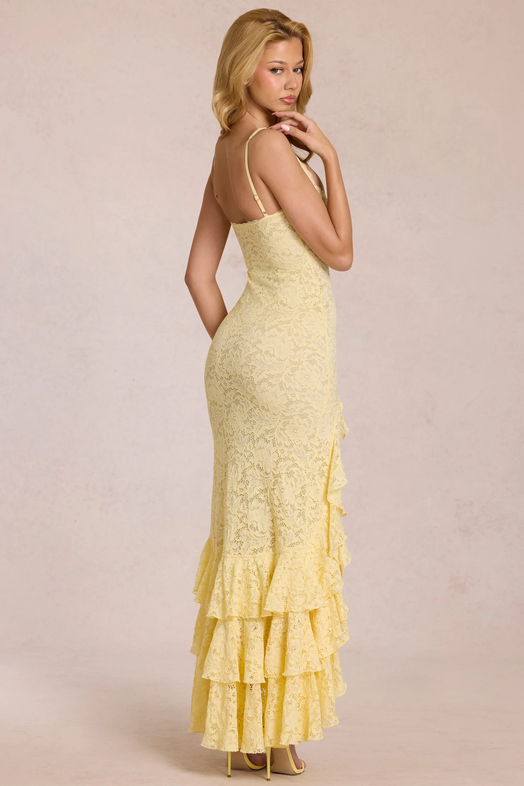 Lace Ruffle Maxi Dress in Lemon Yellow - Image 2