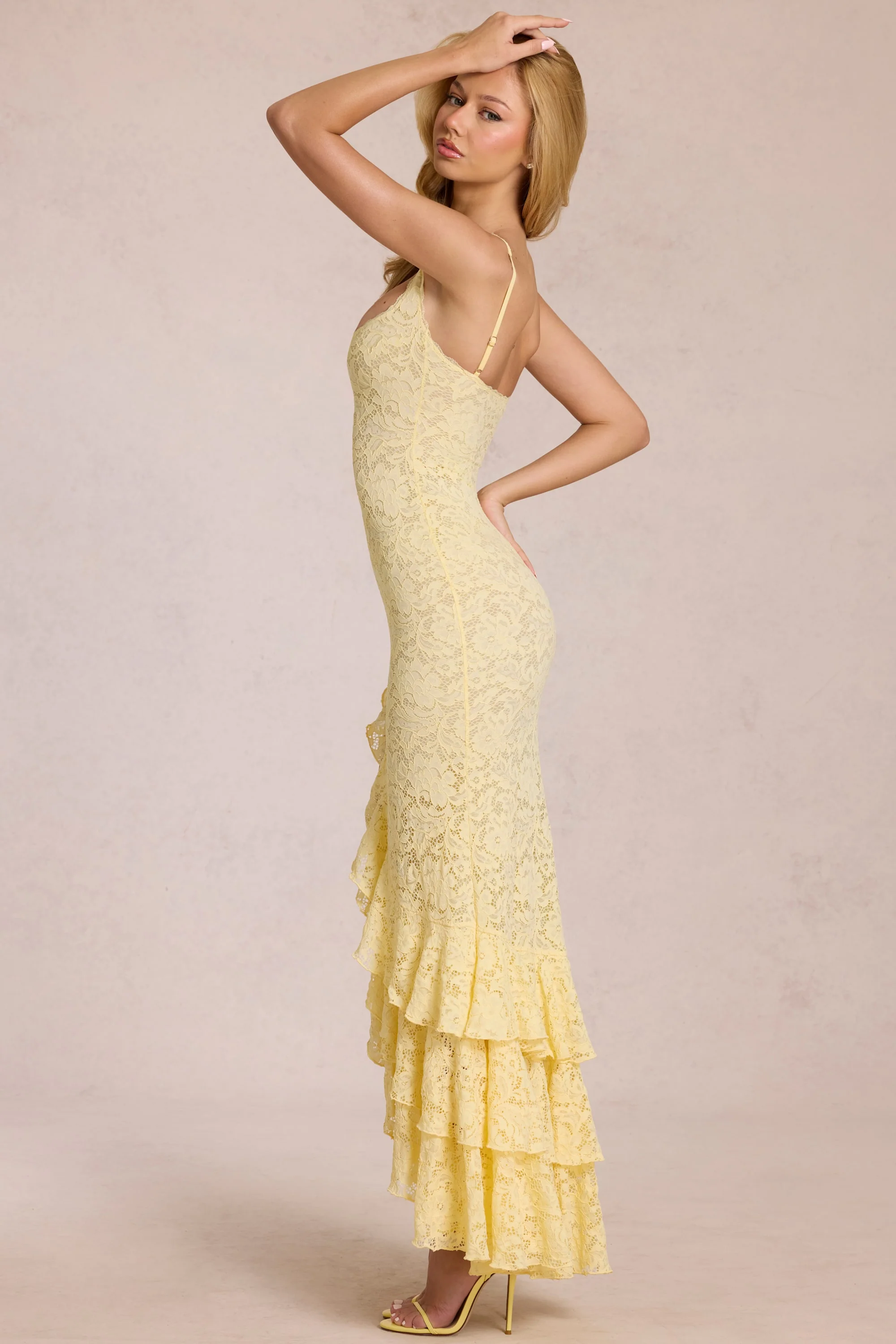 Lace Ruffle Maxi Dress in Lemon Yellow - Image 7