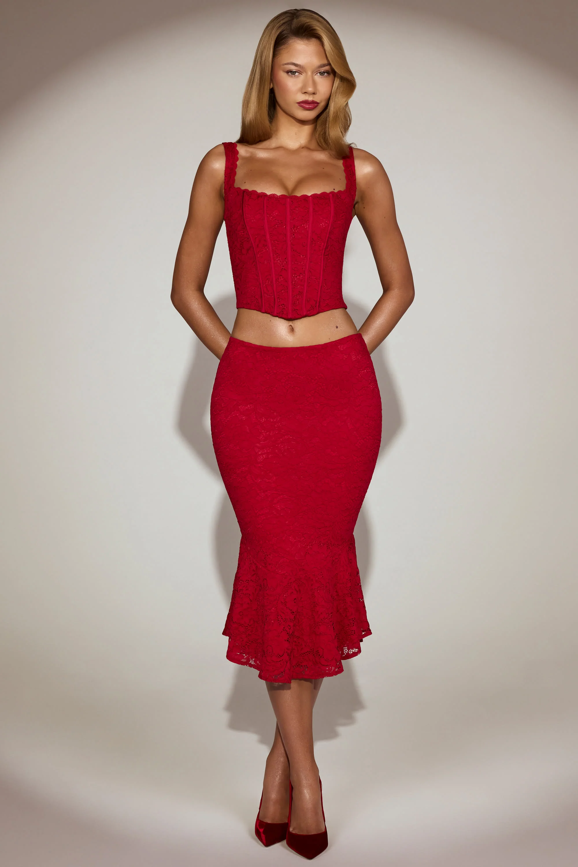 Lace Mid-Rise Fluted Midi Skirt in True Red - Image 4