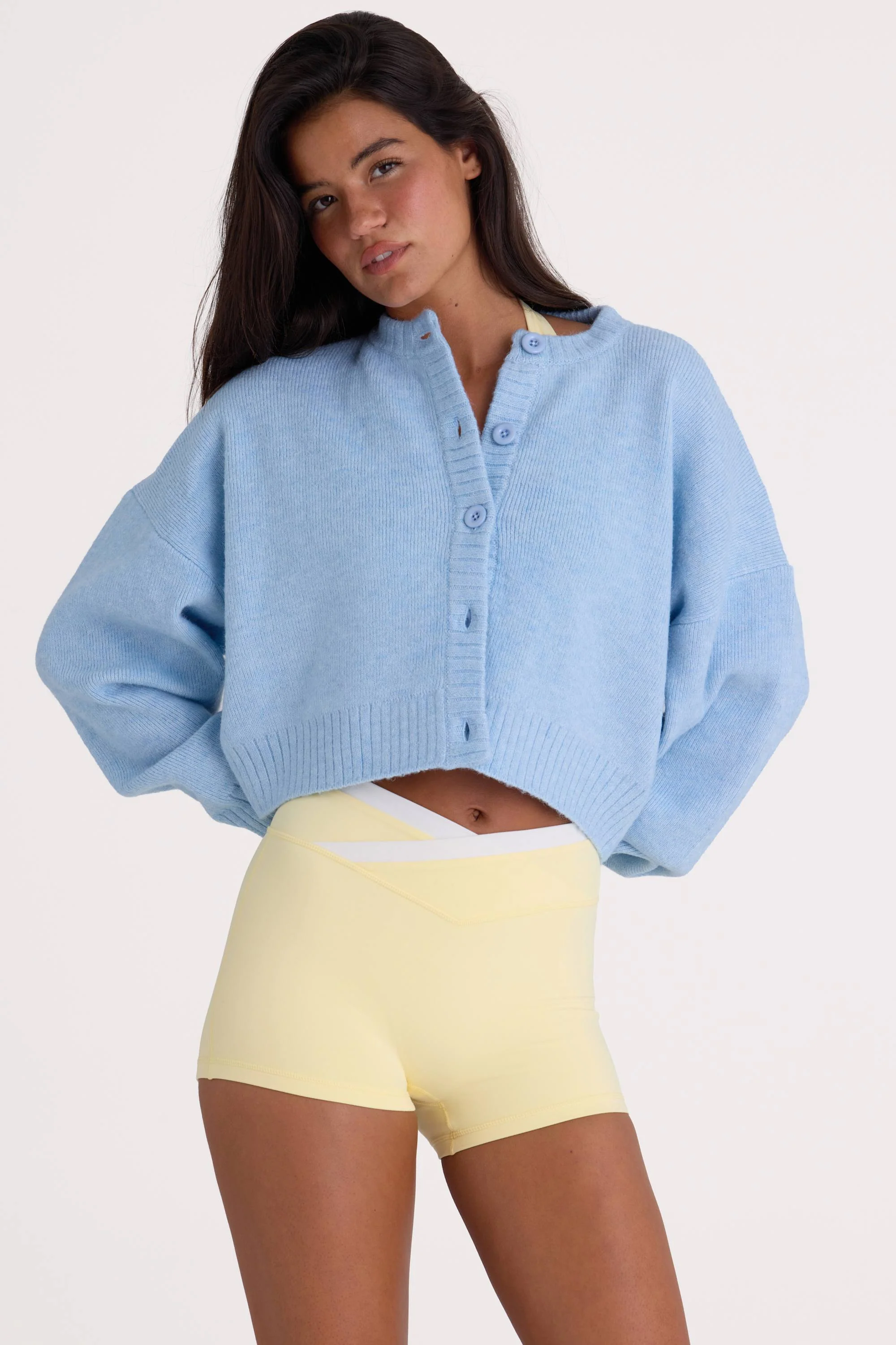 Knit Cropped Cardigan in Powder Blue - Image 3