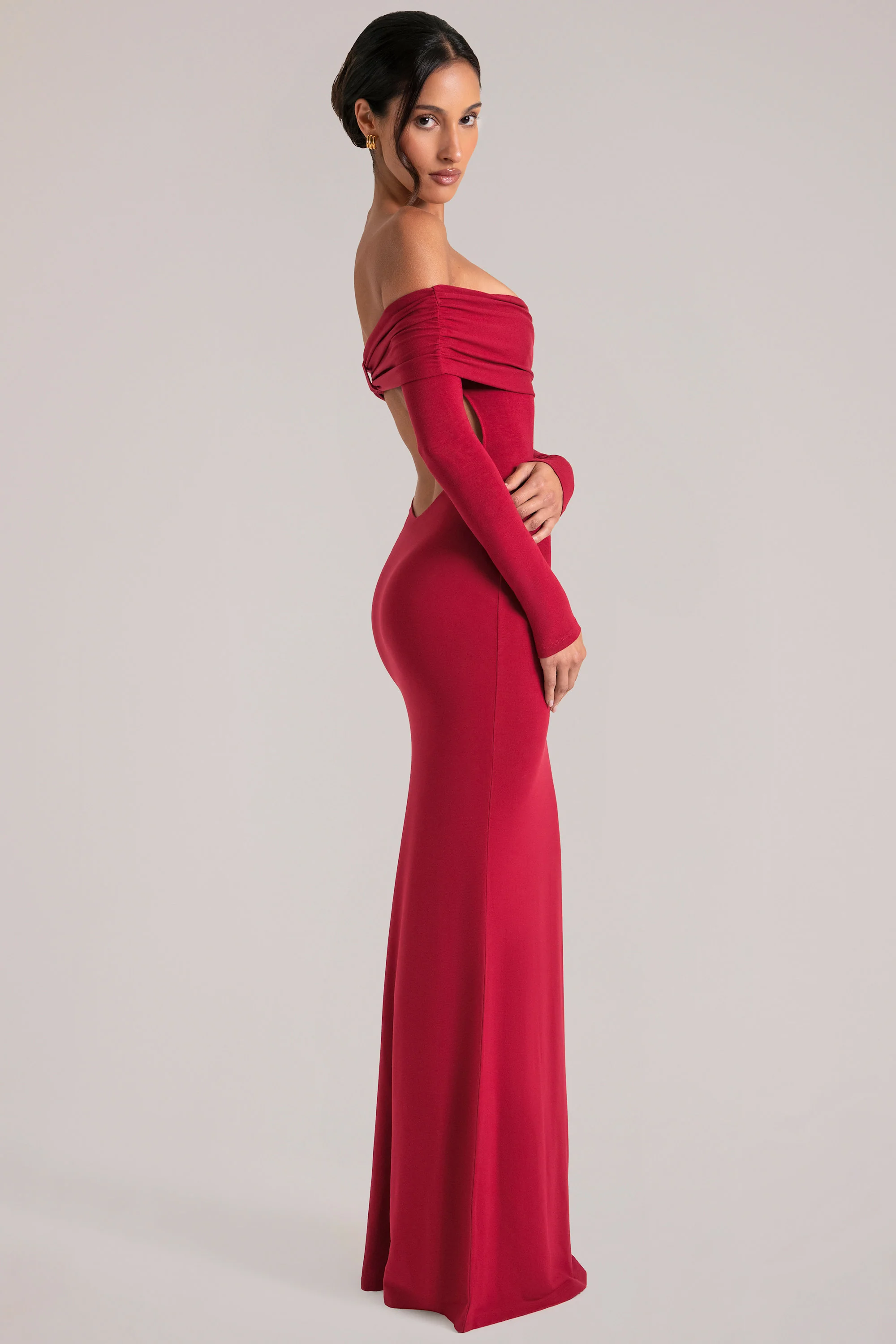 Off-Shoulder Long-Sleeve Maxi Dress in Cherry Red - Image 10