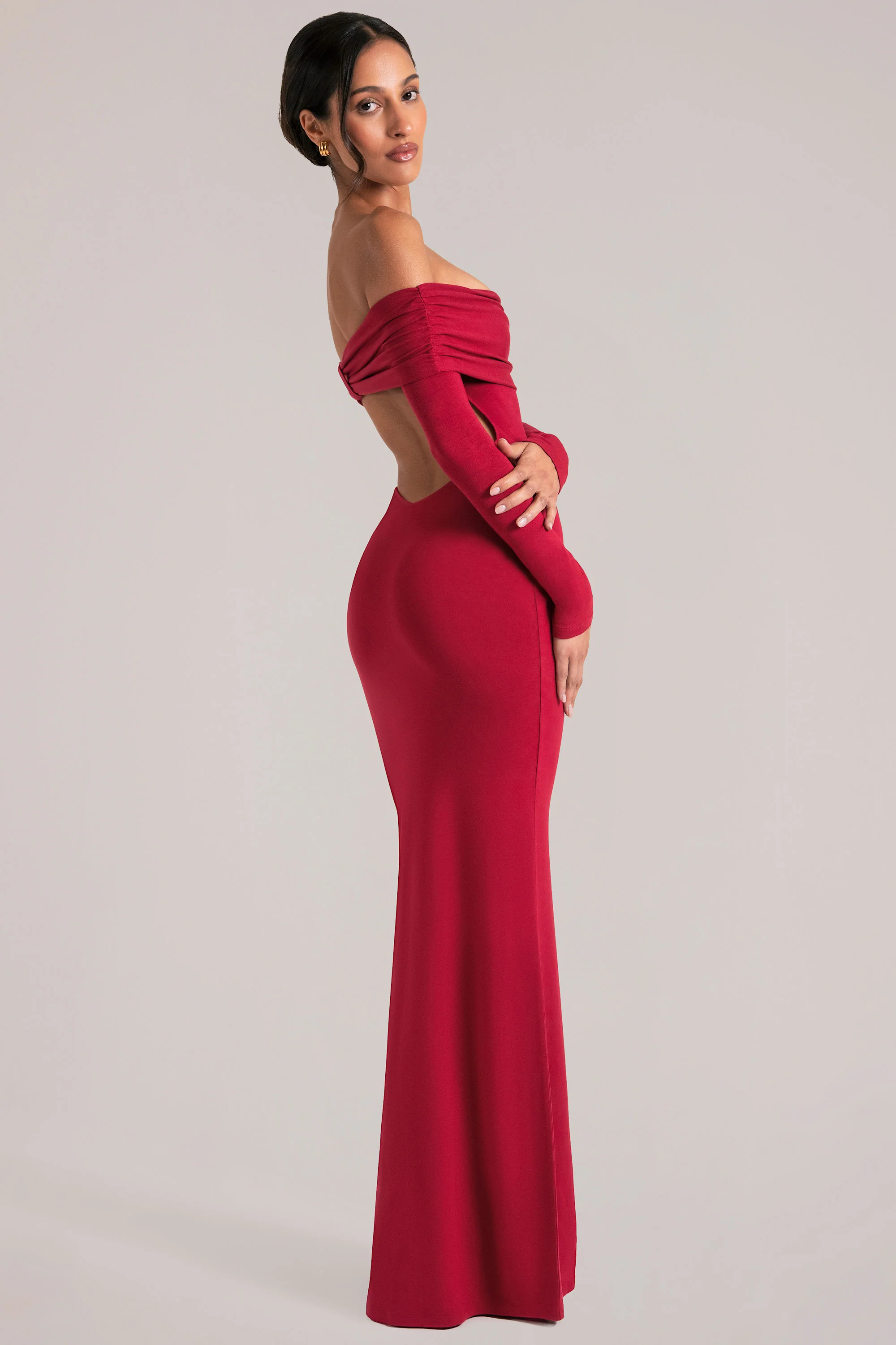 Off-Shoulder Long-Sleeve Maxi Dress in Cherry Red - Image 3