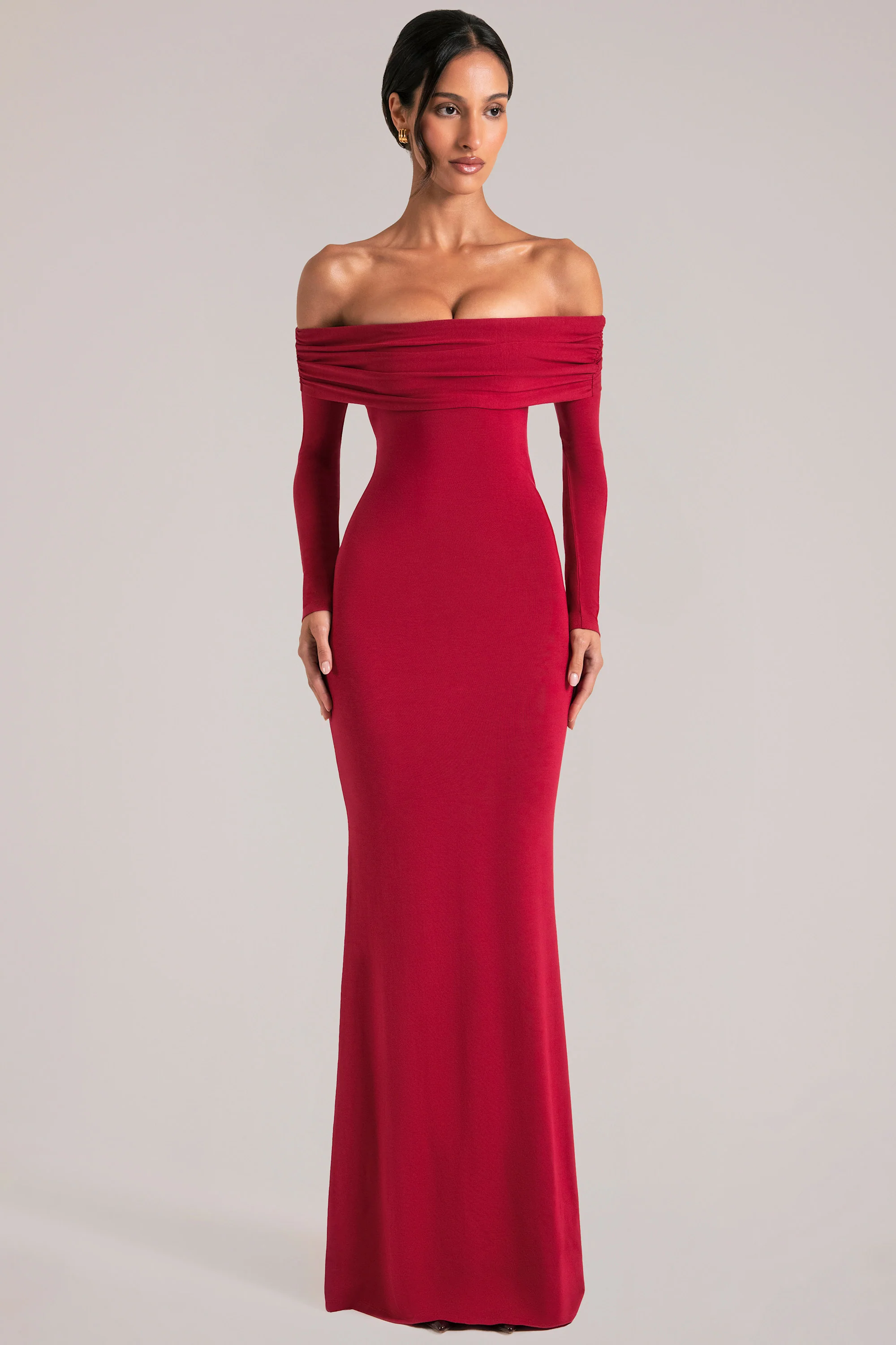 Off-Shoulder Long-Sleeve Maxi Dress in Cherry Red - Image 6
