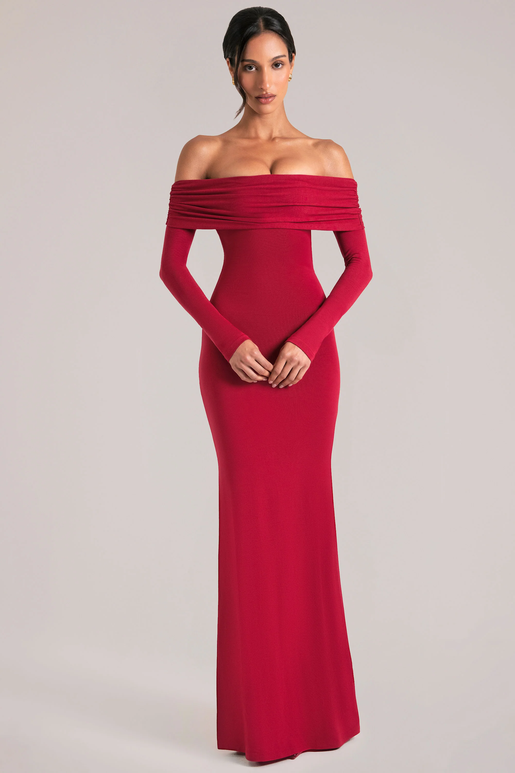 Off-Shoulder Long-Sleeve Maxi Dress in Cherry Red - Image 8