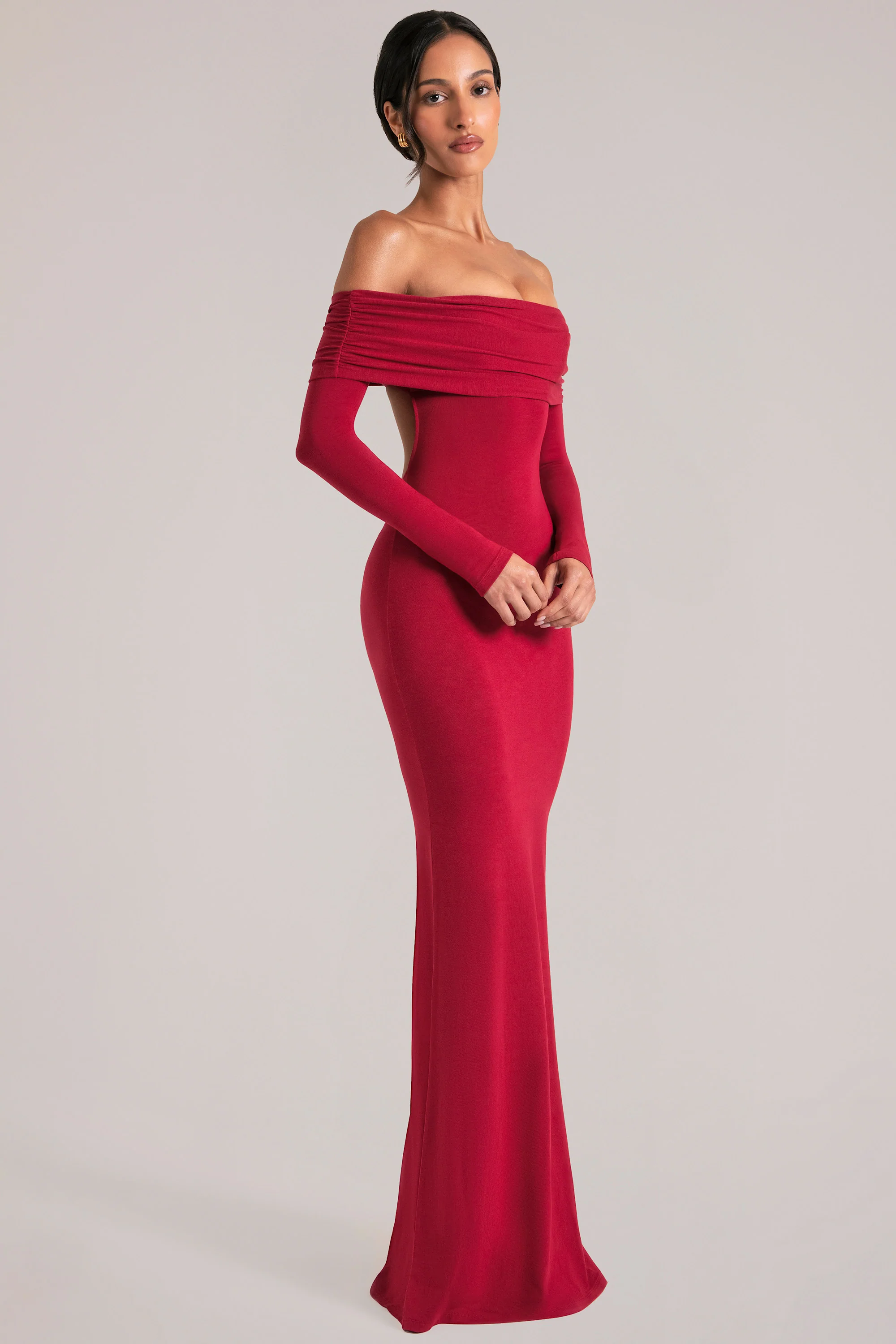 Off-Shoulder Long-Sleeve Maxi Dress in Cherry Red - Image 9