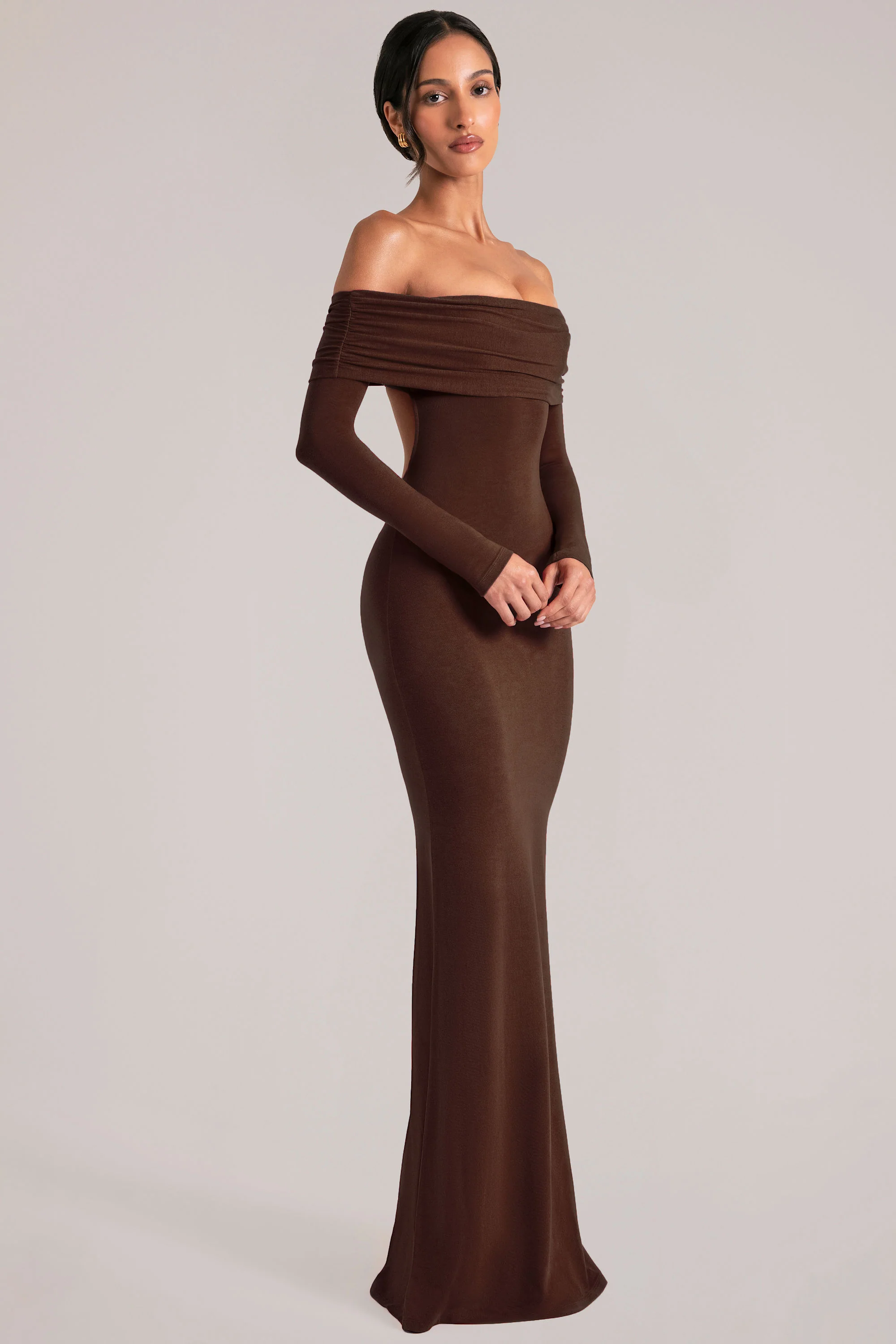Off-Shoulder Long-Sleeve Maxi Dress in Chocolate Brown - Image 10