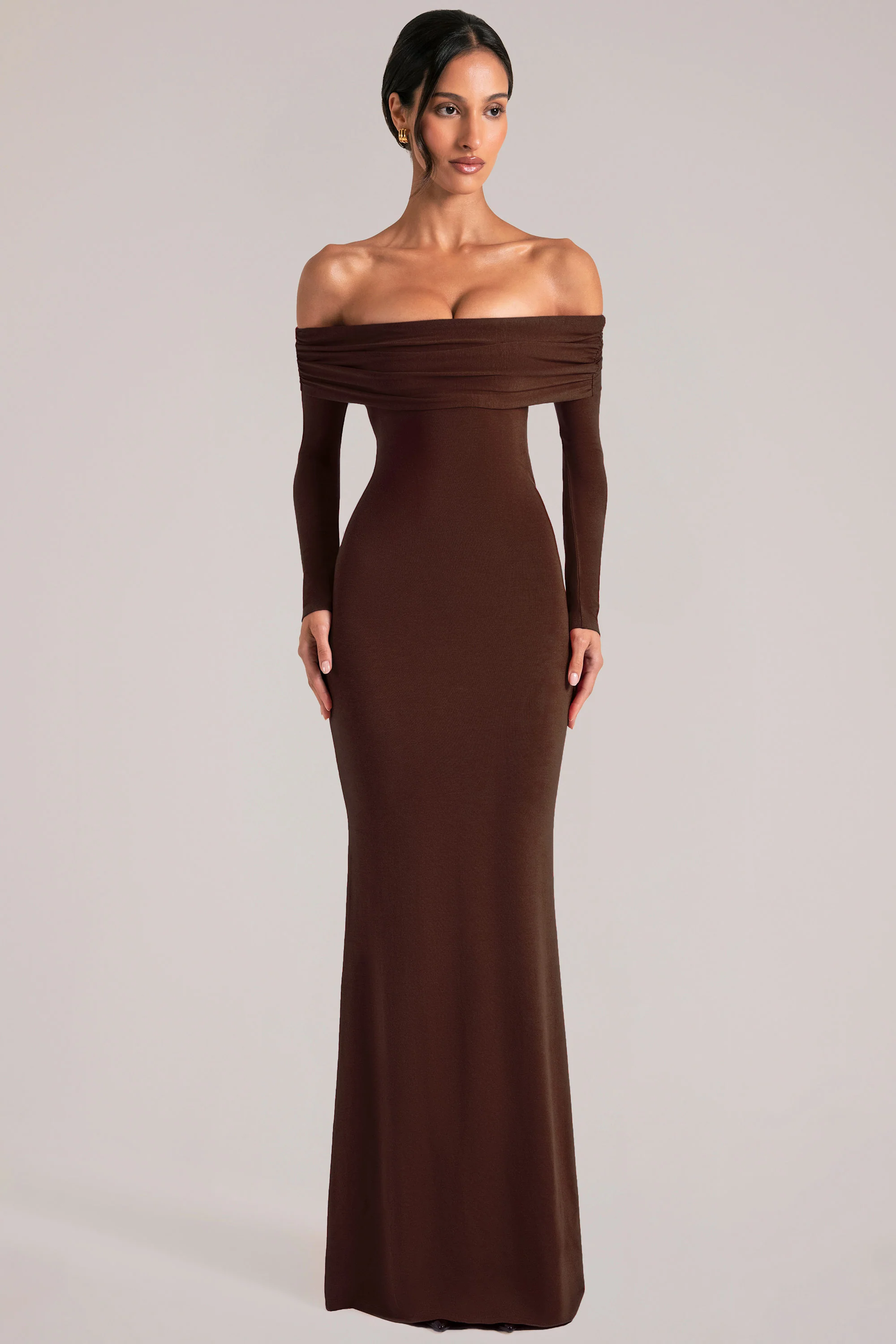Off-Shoulder Long-Sleeve Maxi Dress in Chocolate Brown - Image 5
