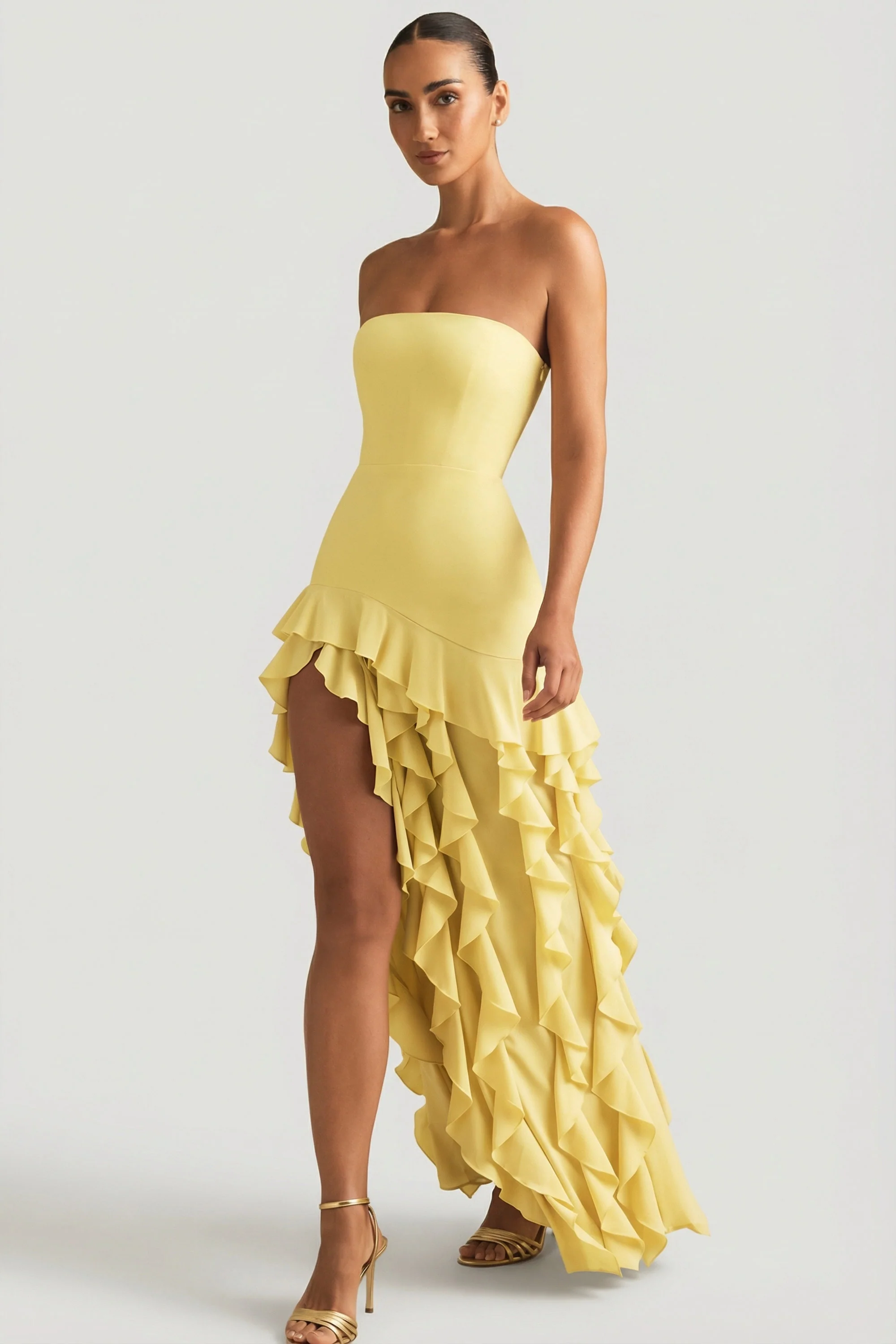Ruffle-Trim Strapless Gown in Pastel Yellow - Image 3
