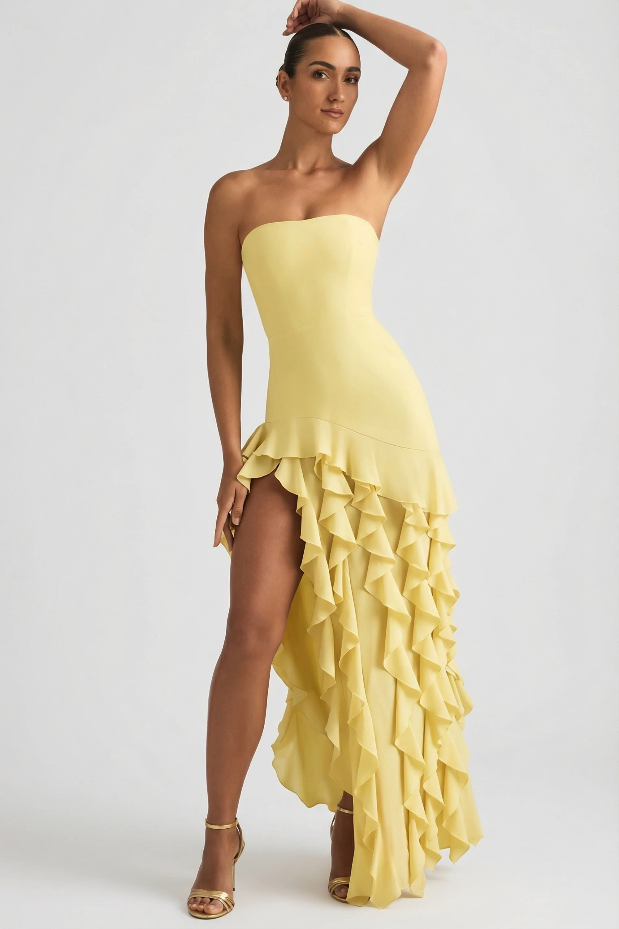 Ruffle-Trim Strapless Gown in Pastel Yellow - Image 7