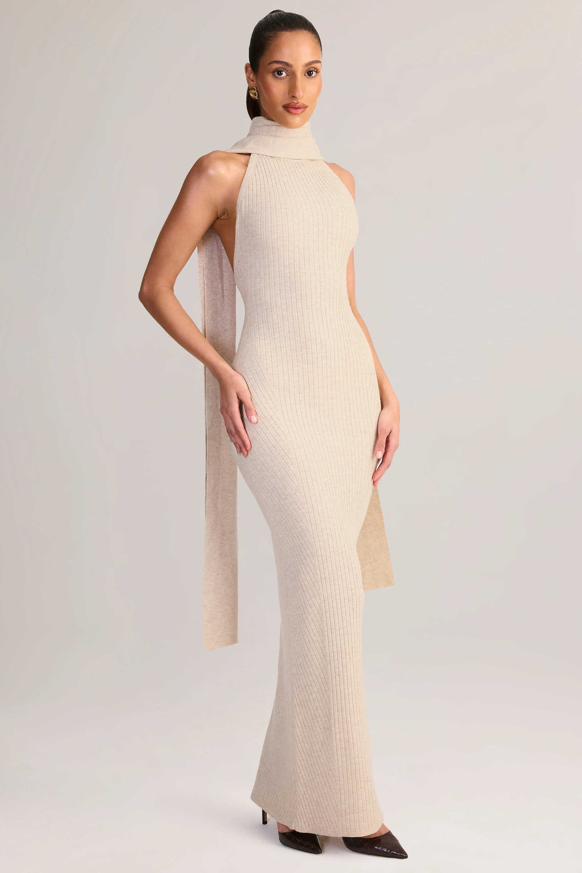 Rib-Knit Scarf-Detail Halterneck Maxi Dress in Cream - Image 5
