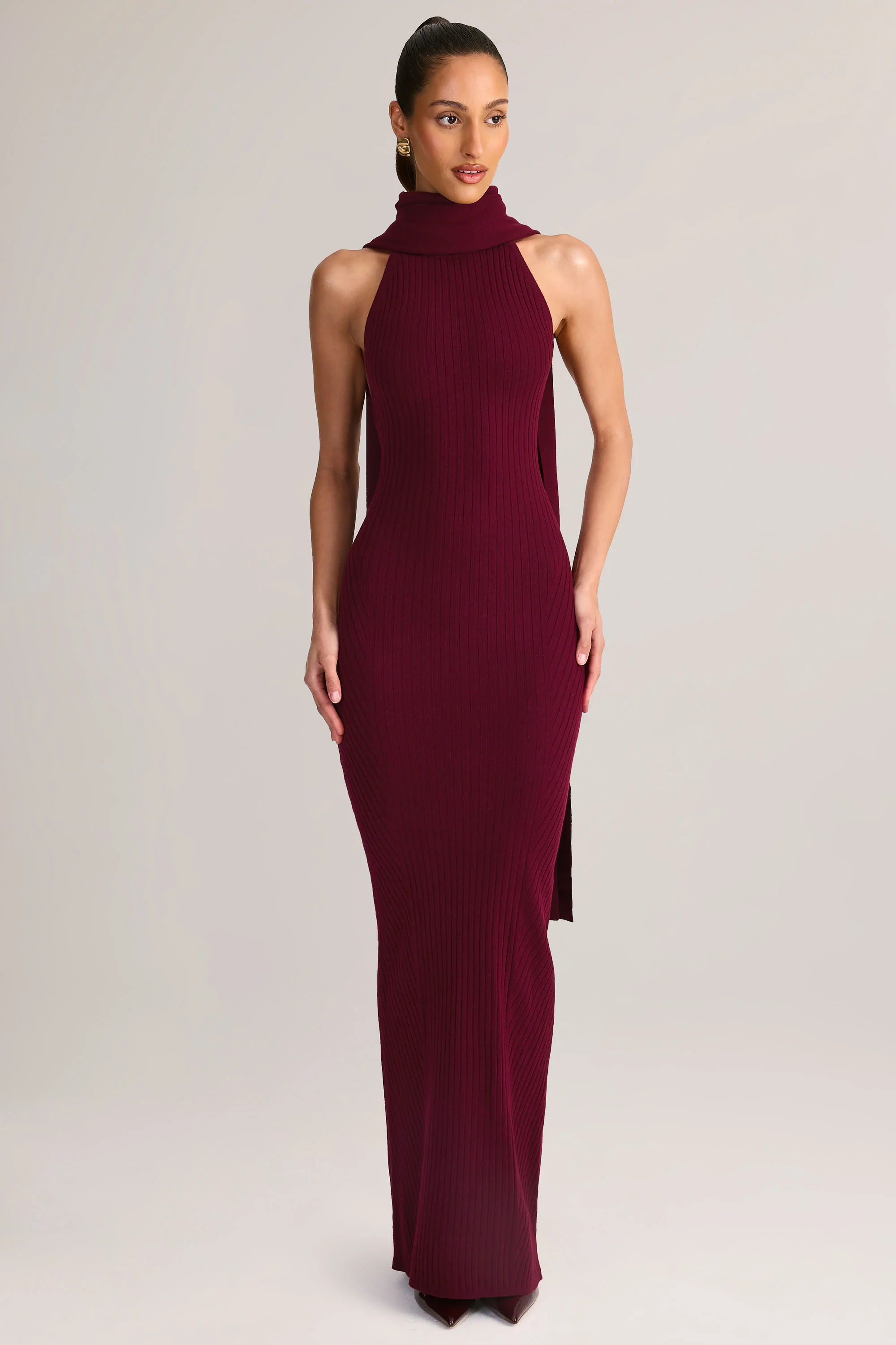 Rib-Knit Scarf-Detail Halterneck Maxi Dress in Wine - Image 5