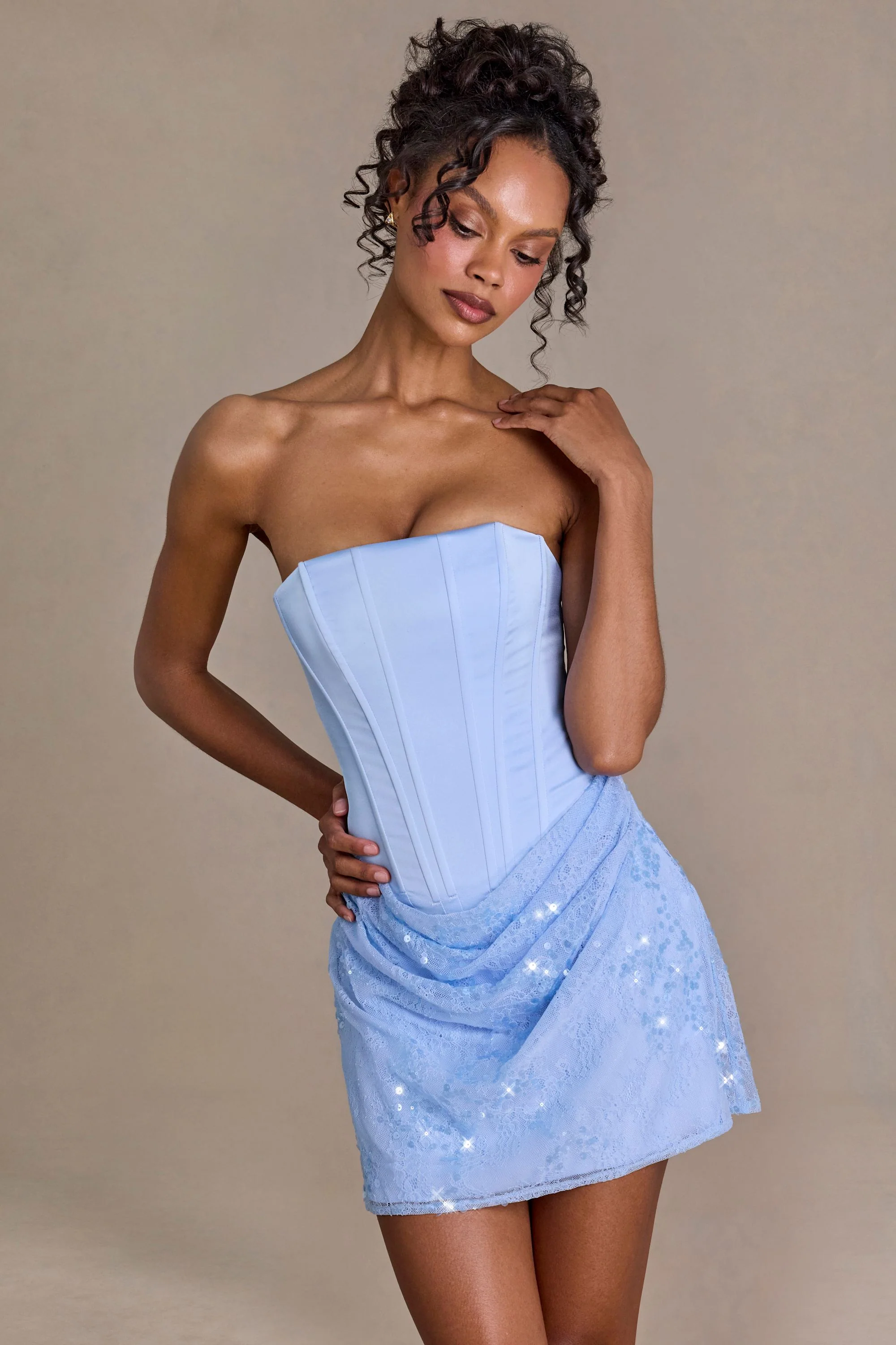 Satin Embellished Skirt Mini Dress in Sky Blue - Image 5