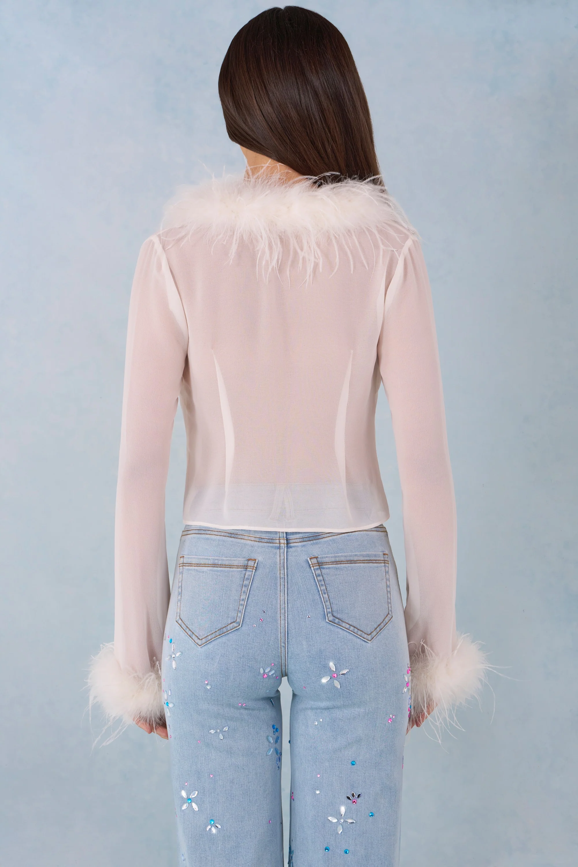 Feather Trim Sheer Top in Ivory - Image 3