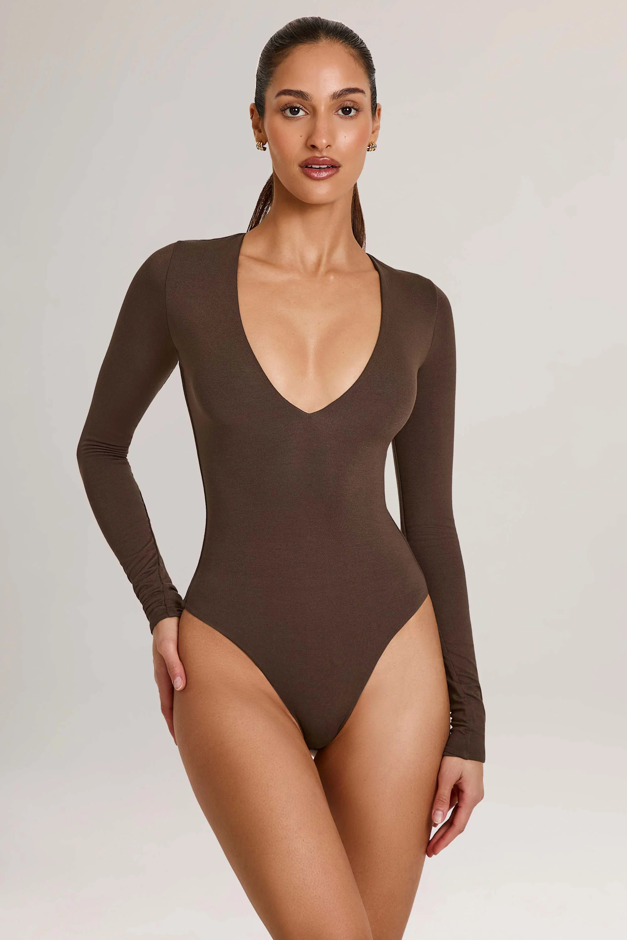 Modal Plunge Long-Sleeve Bodysuit in Chocolate Brown - Image 4