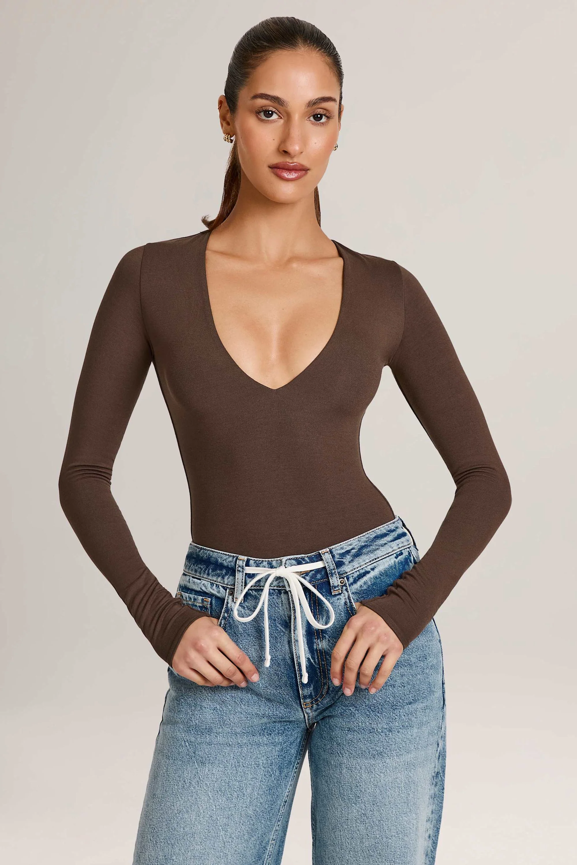 Modal Plunge Long-Sleeve Bodysuit in Chocolate Brown - Image 7
