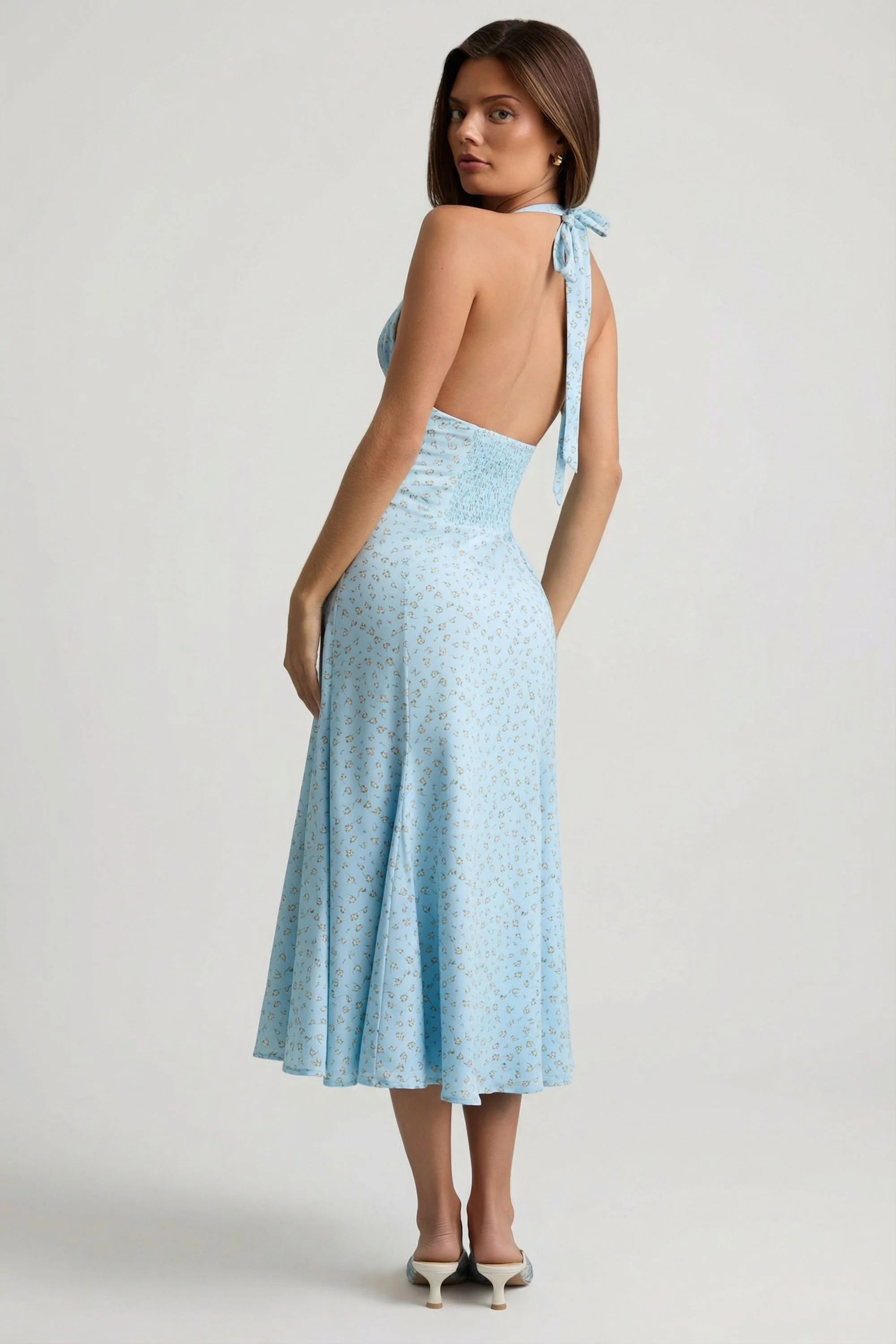 Halterneck Midaxi Dress in Blue Flower Print - Image 2