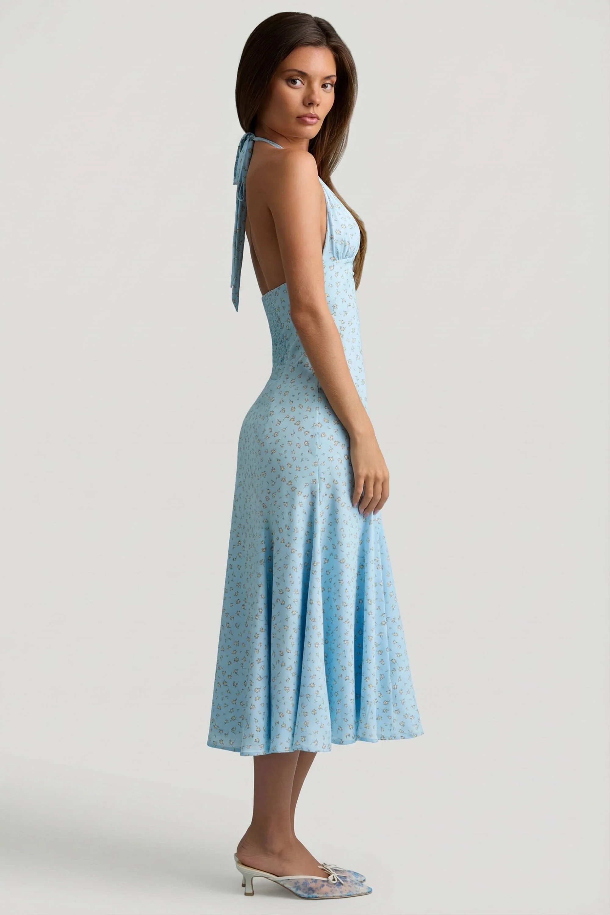 Halterneck Midaxi Dress in Blue Flower Print - Image 3