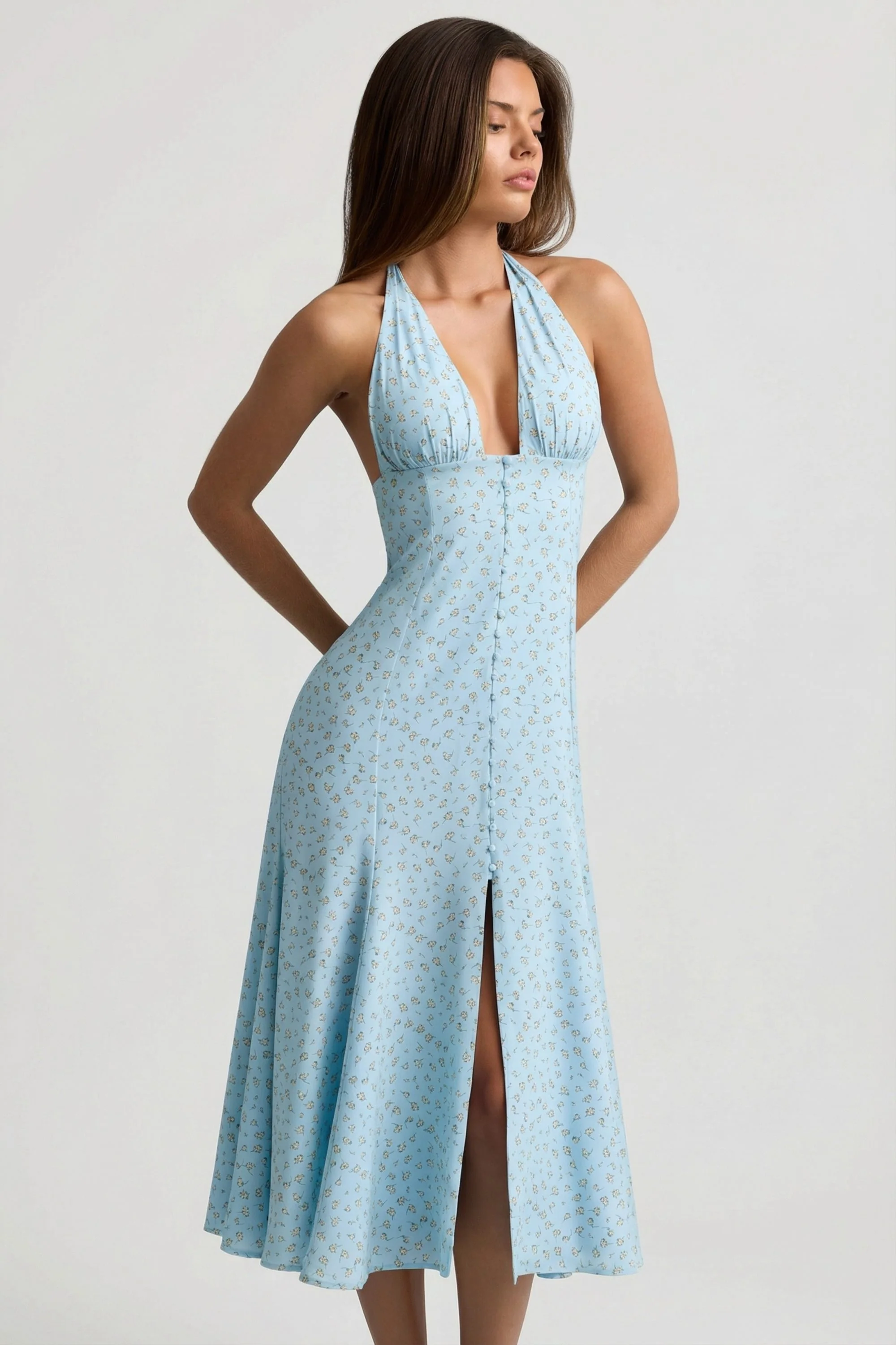 Halterneck Midaxi Dress in Blue Flower Print - Image 5