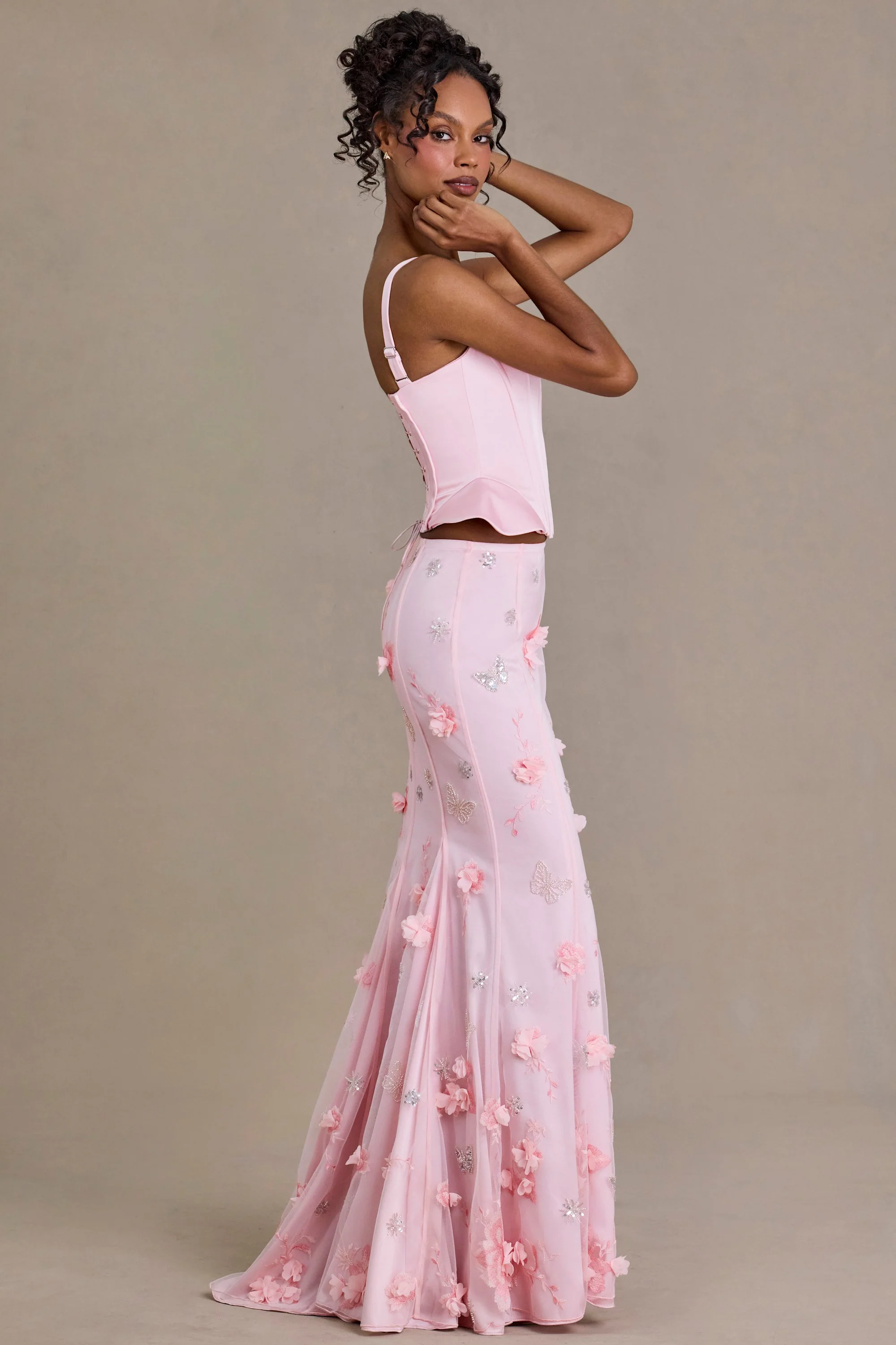 Satin Lace-Up Corset Top in Baby Pink - Image 3