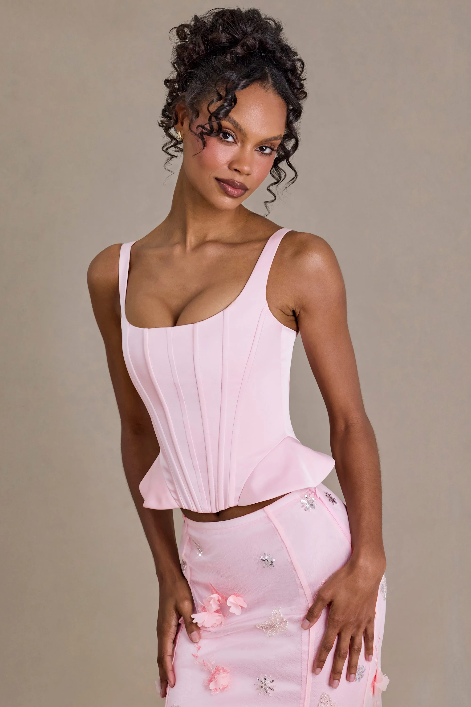 Satin Lace-Up Corset Top in Baby Pink - Image 7