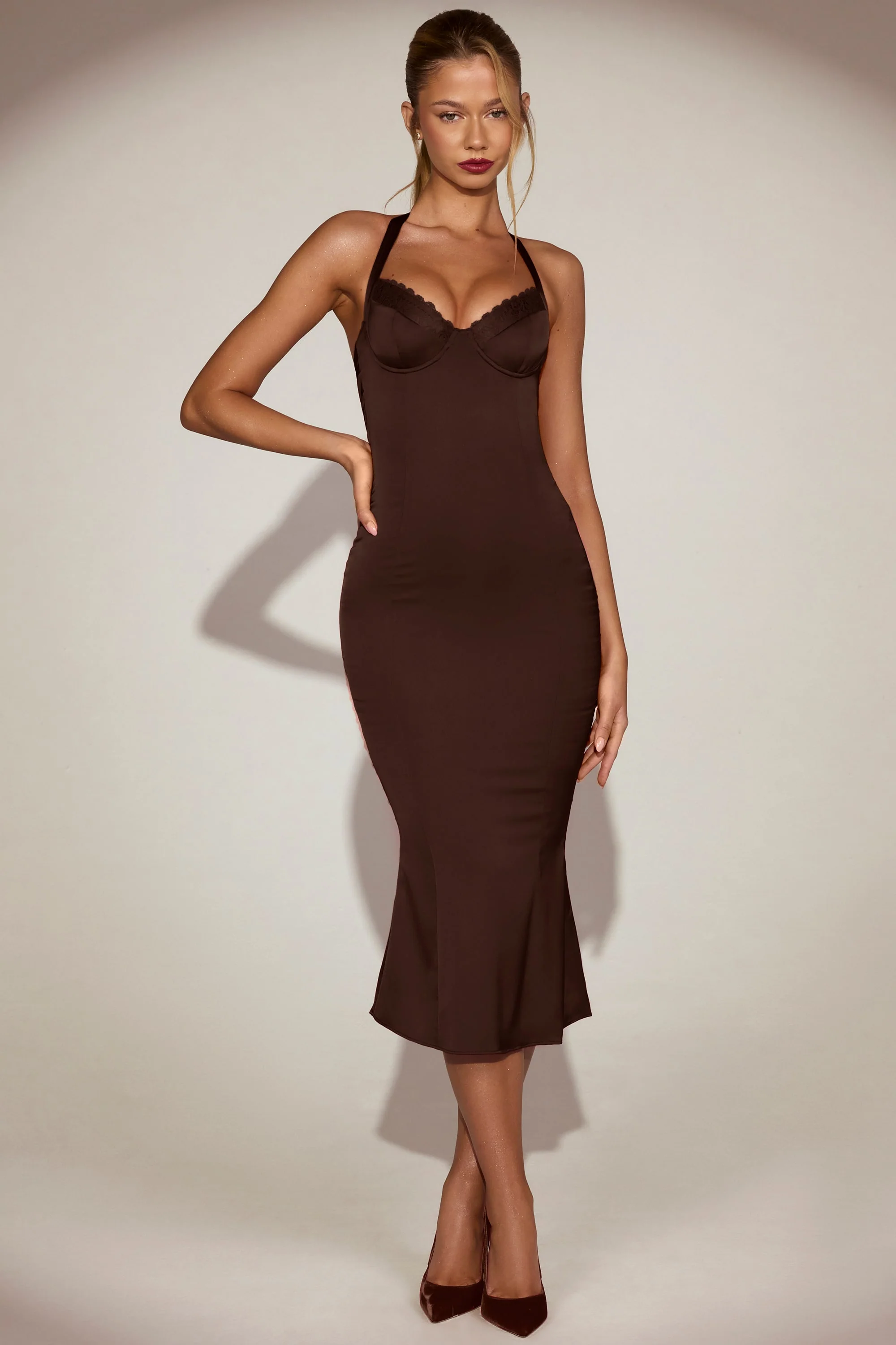 Satin Sweetheart Bustier Fishtail Midaxi Dress in Chocolate Brown - Image 9