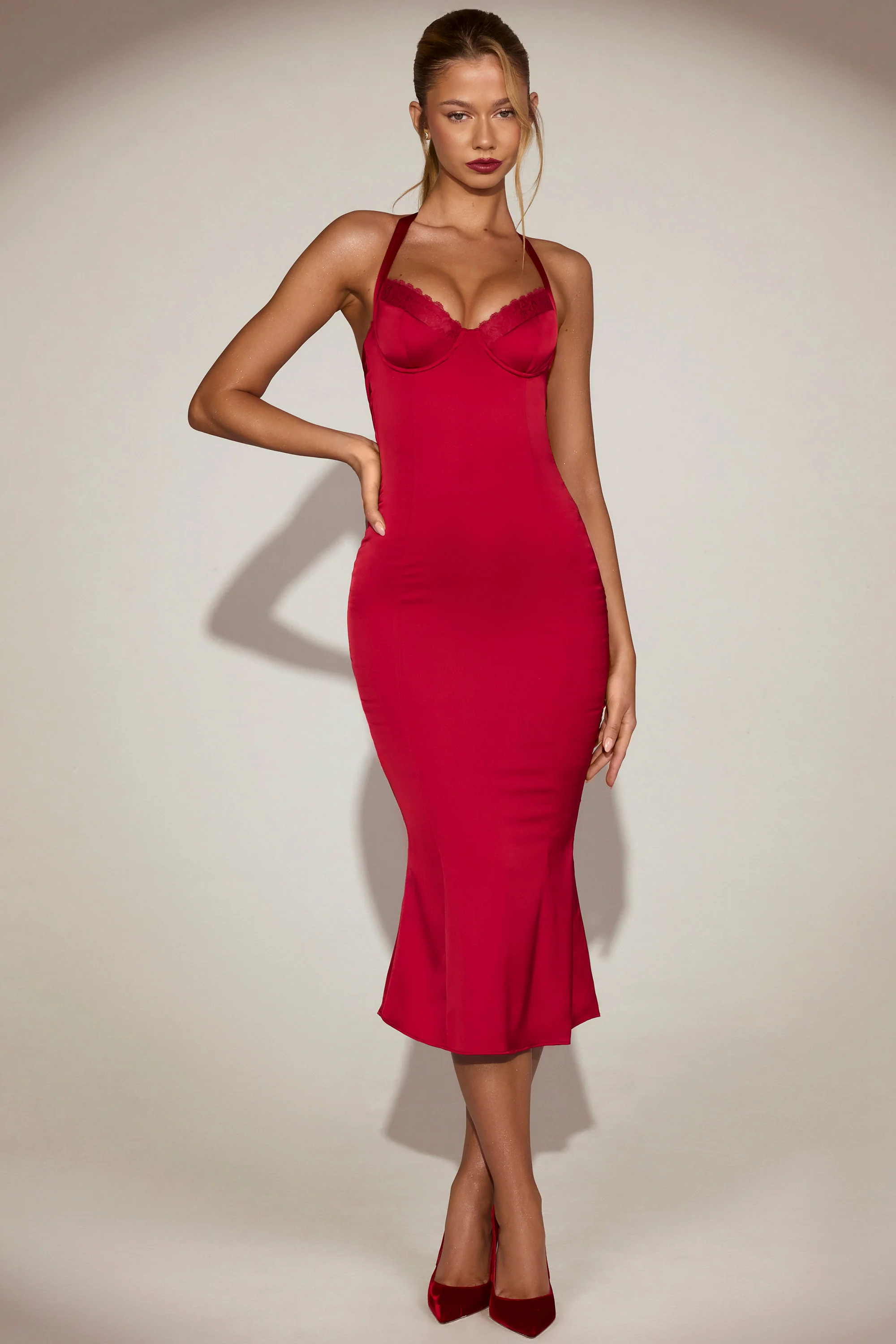 Satin Sweetheart Bustier Fishtail Midaxi Dress in True Red - Image 10