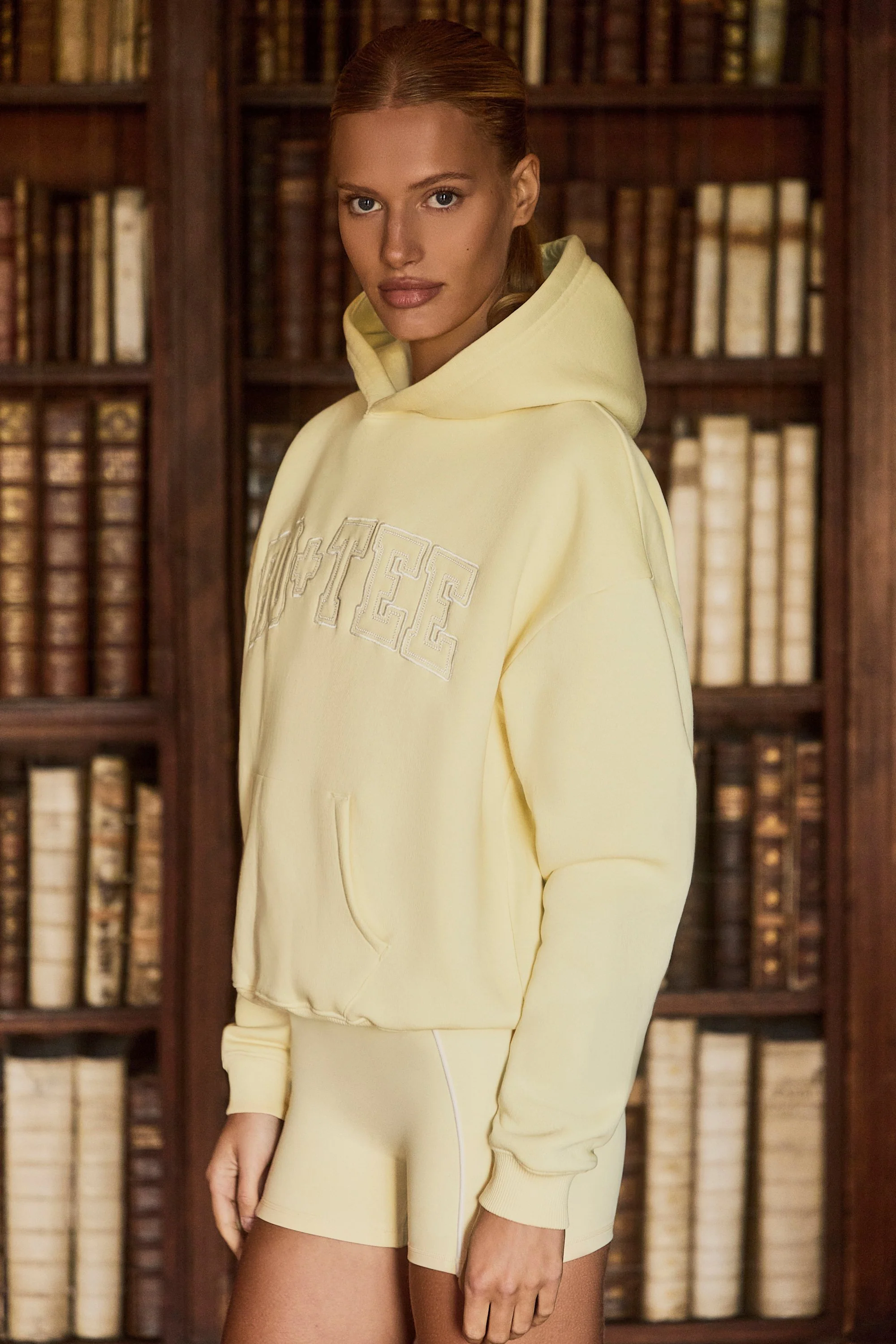 Embroidered Oversized Hoodie in Soft Yellow - Image 3