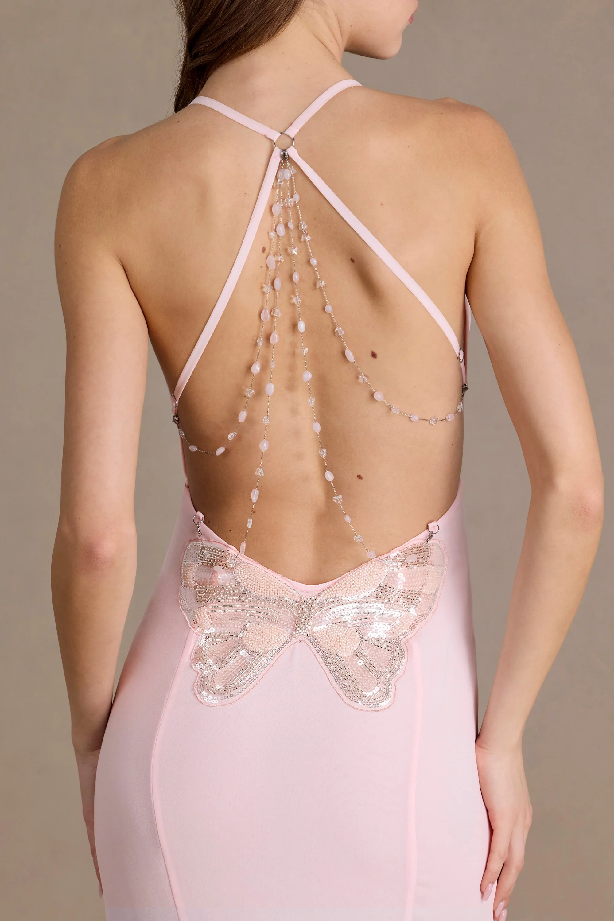 Chiffon Cowl-Neck Open-Back Gown in Baby Pink - Image 4