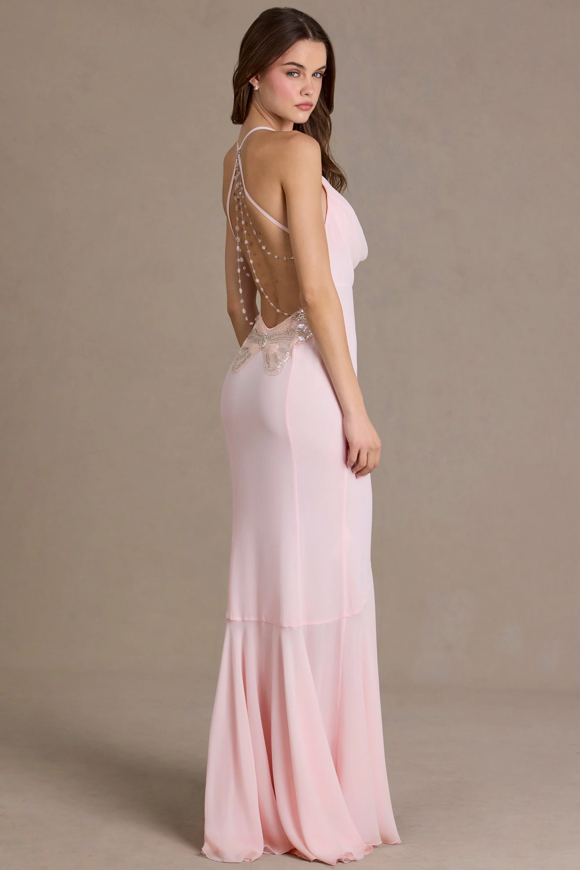 Chiffon Cowl-Neck Open-Back Gown in Baby Pink - Image 7
