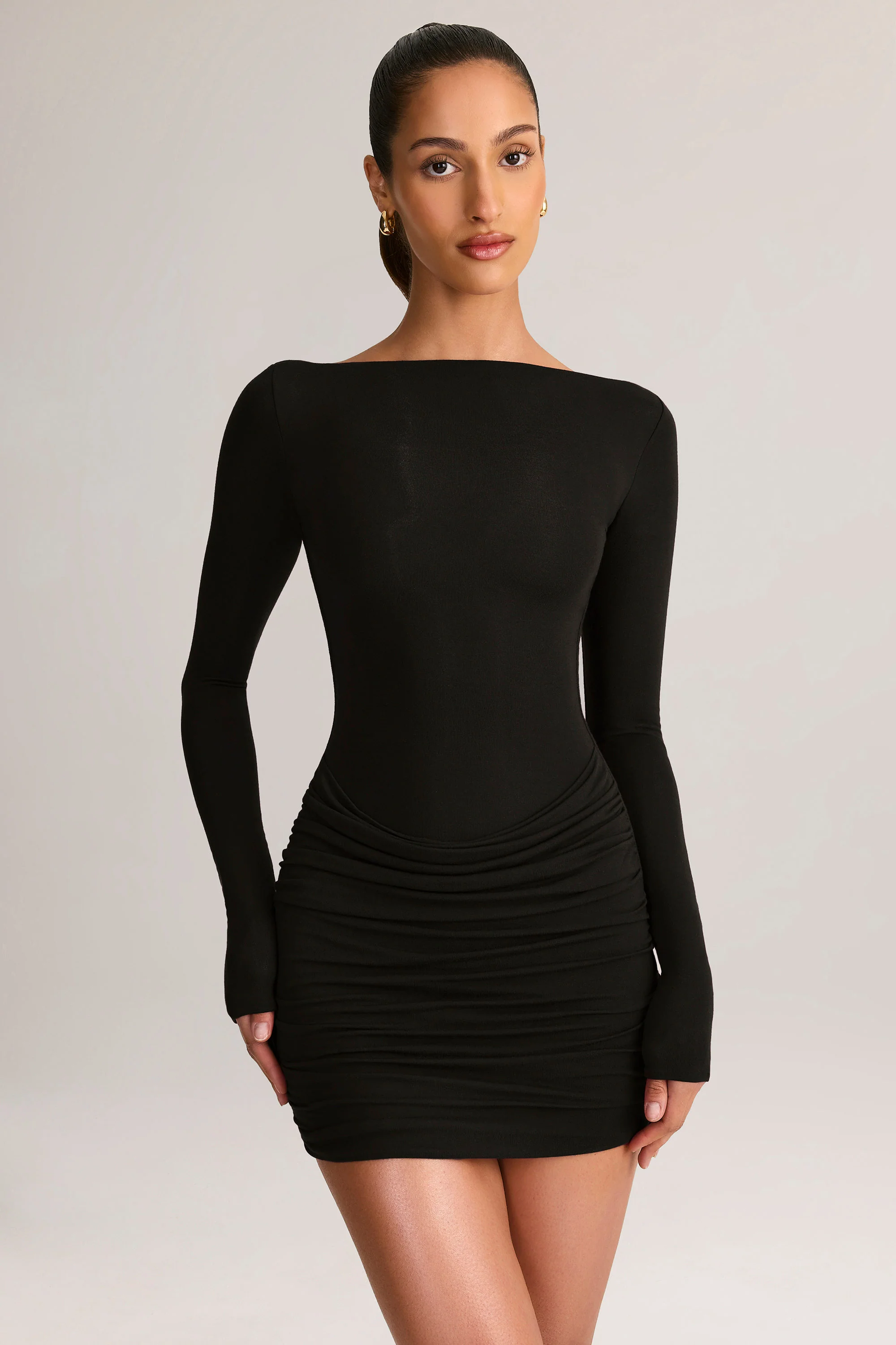Modal Boat-Neck Draped Long-Sleeve Mini Dress in Black - Image 5