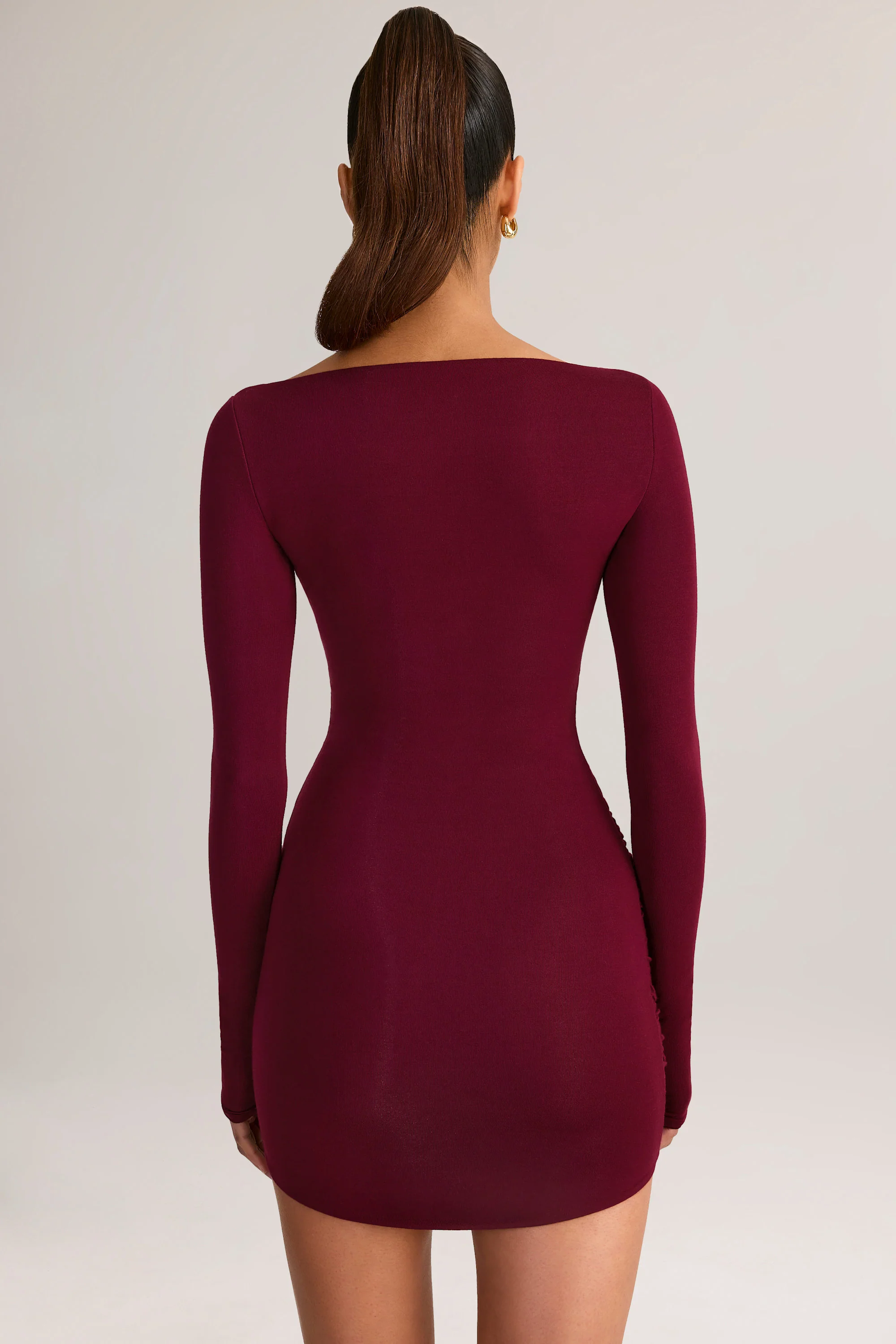 Modal Boat-Neck Draped Long-Sleeve Mini Dress in Wine - Image 2
