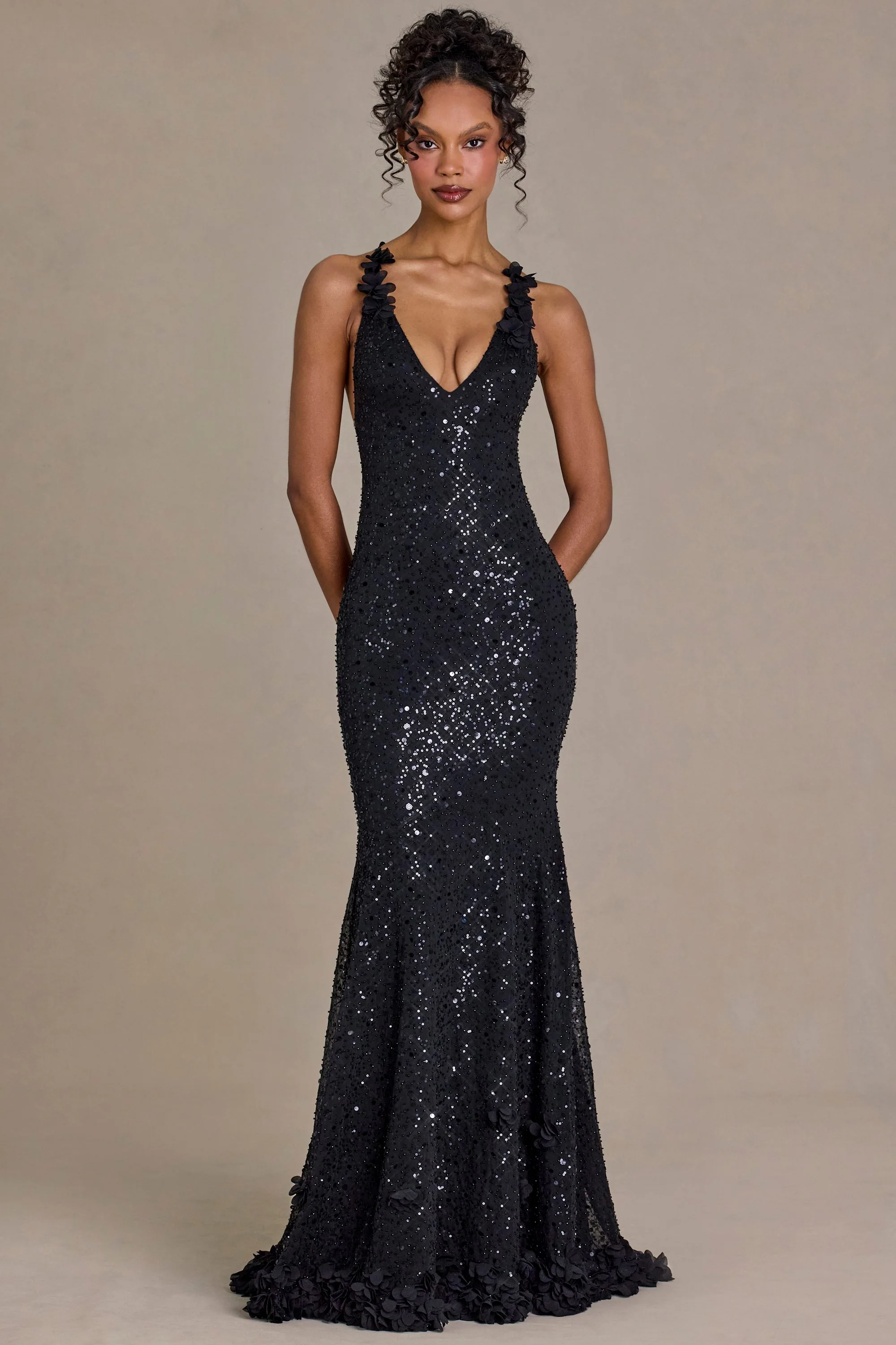 Embellished Plunge Open-Back Gown in Black - Image 5