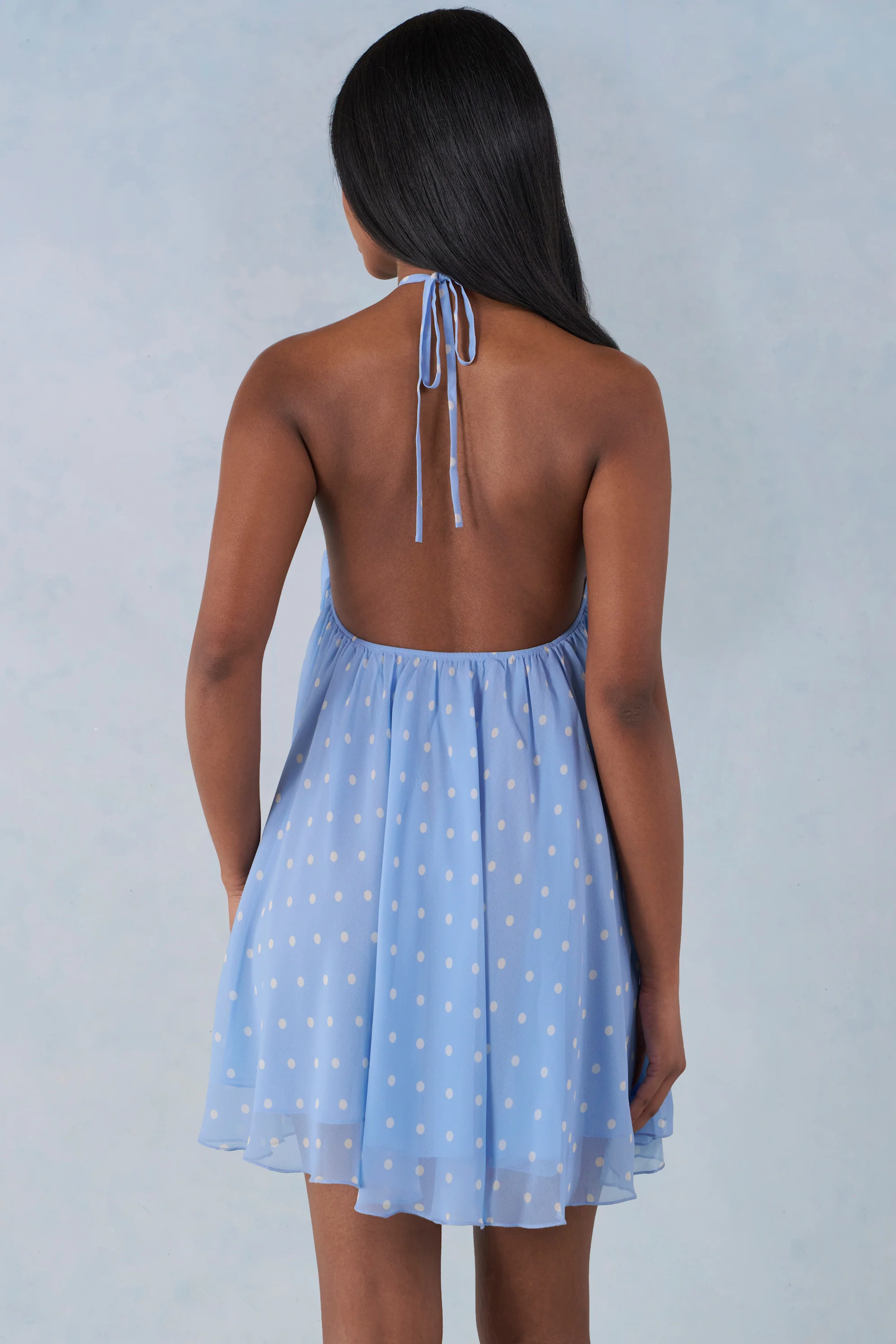 Halterneck Babydoll Mini Dress in Blue Polka Dot Print - Image 5