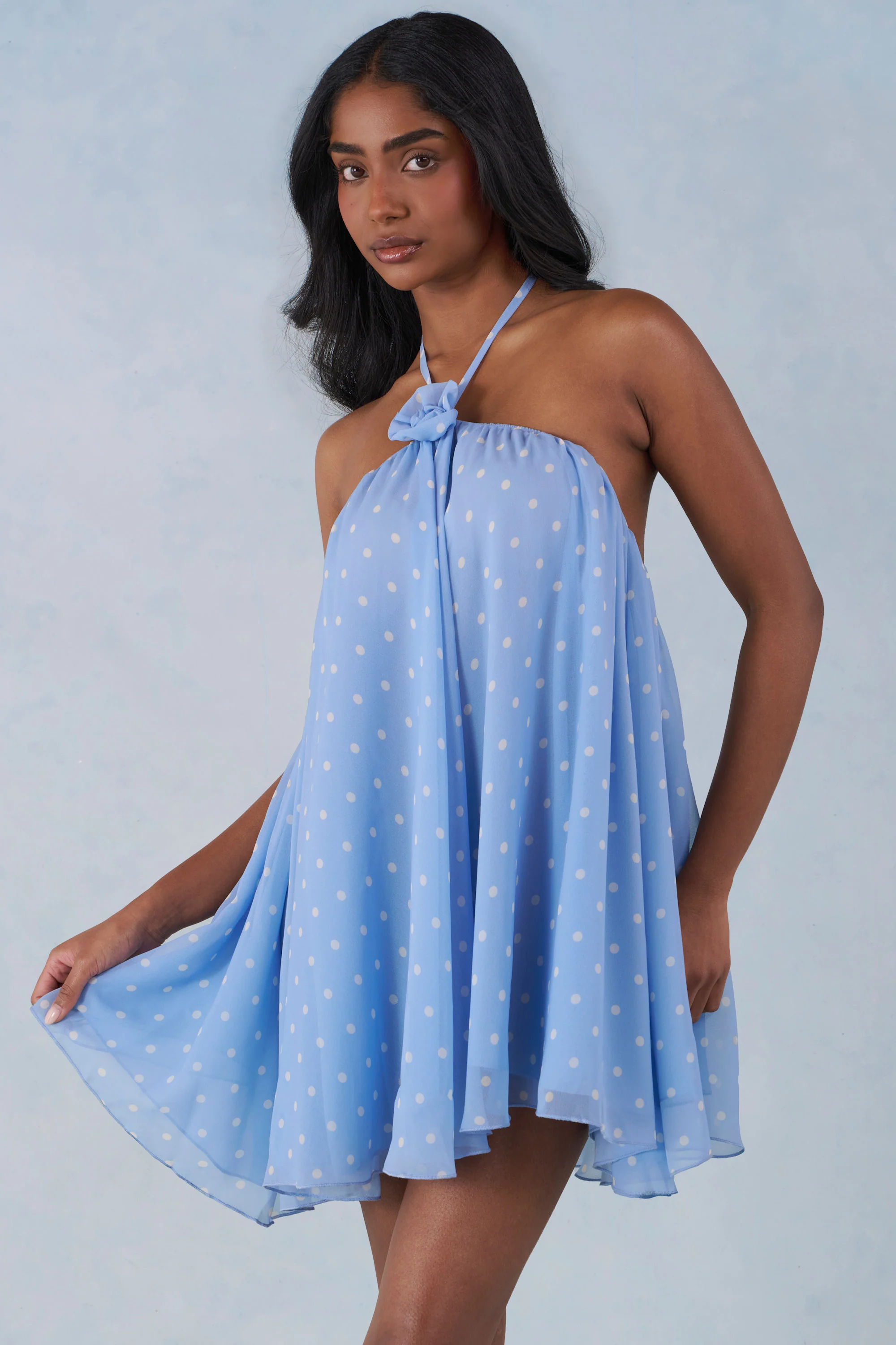 Halterneck Babydoll Mini Dress in Blue Polka Dot Print - Image 6