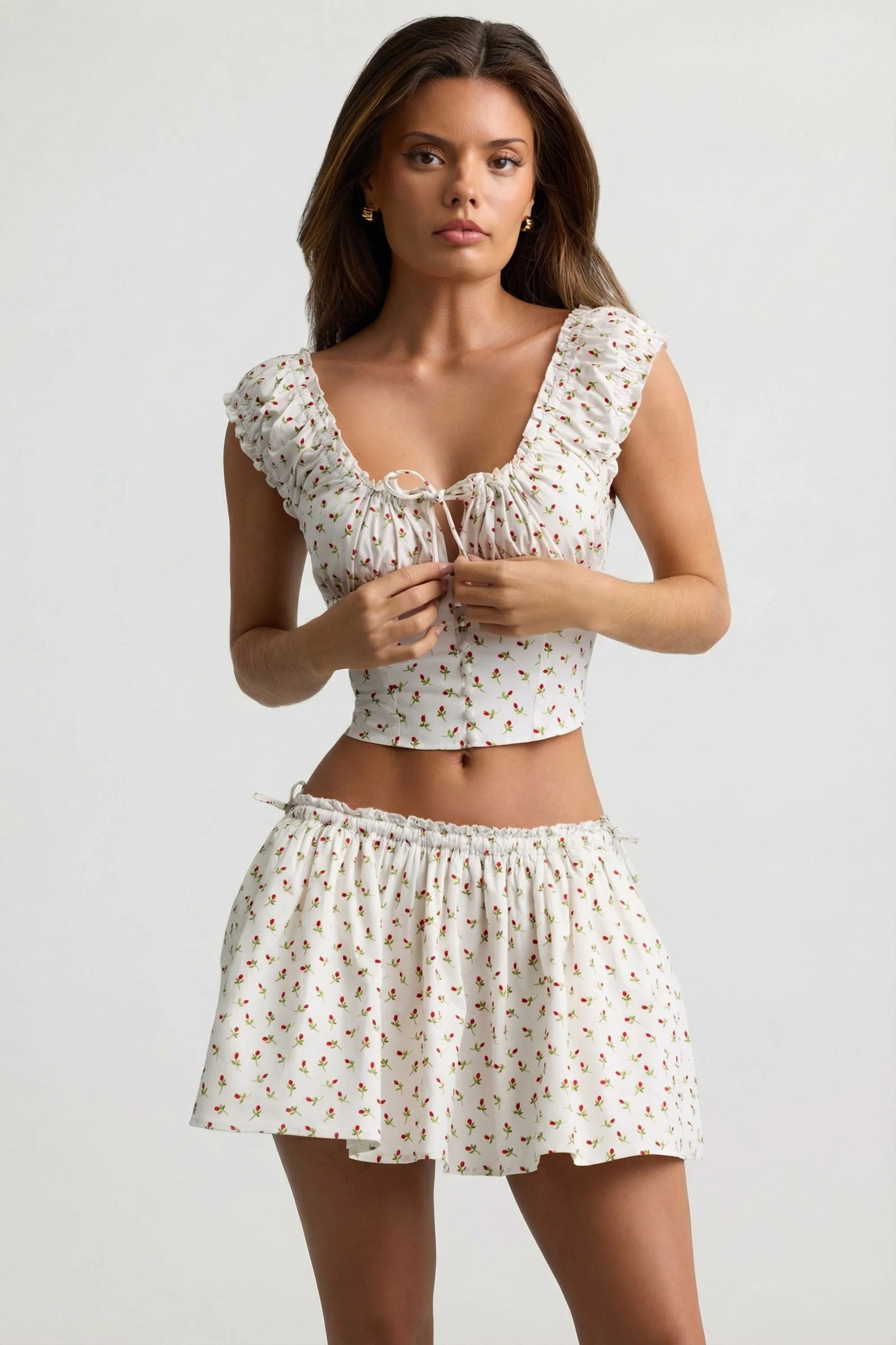 Ruched Cotton-Poplin Corset Top in Rose Print - Image 6