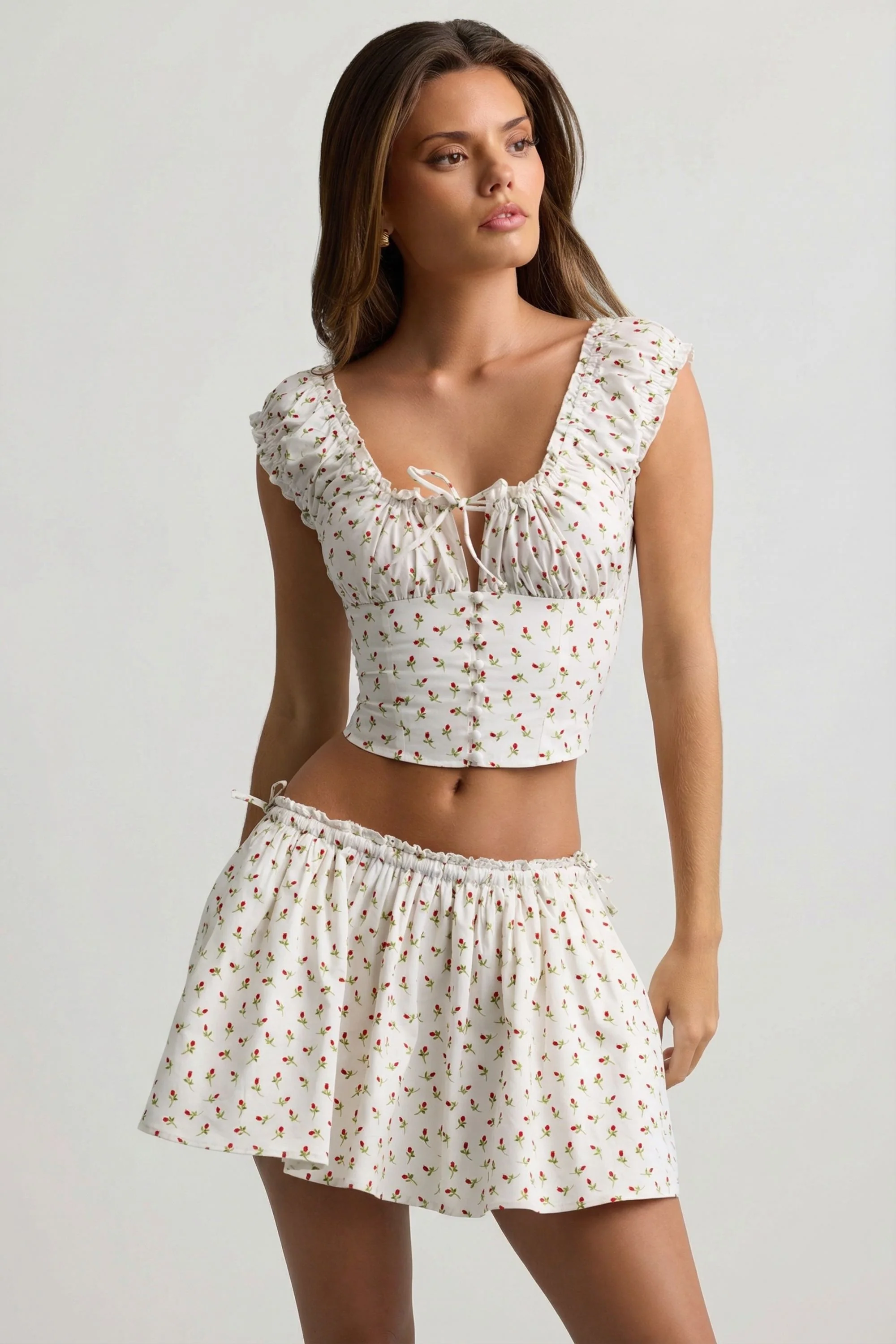 Ruched Cotton-Poplin Corset Top in Rose Print - Image 7