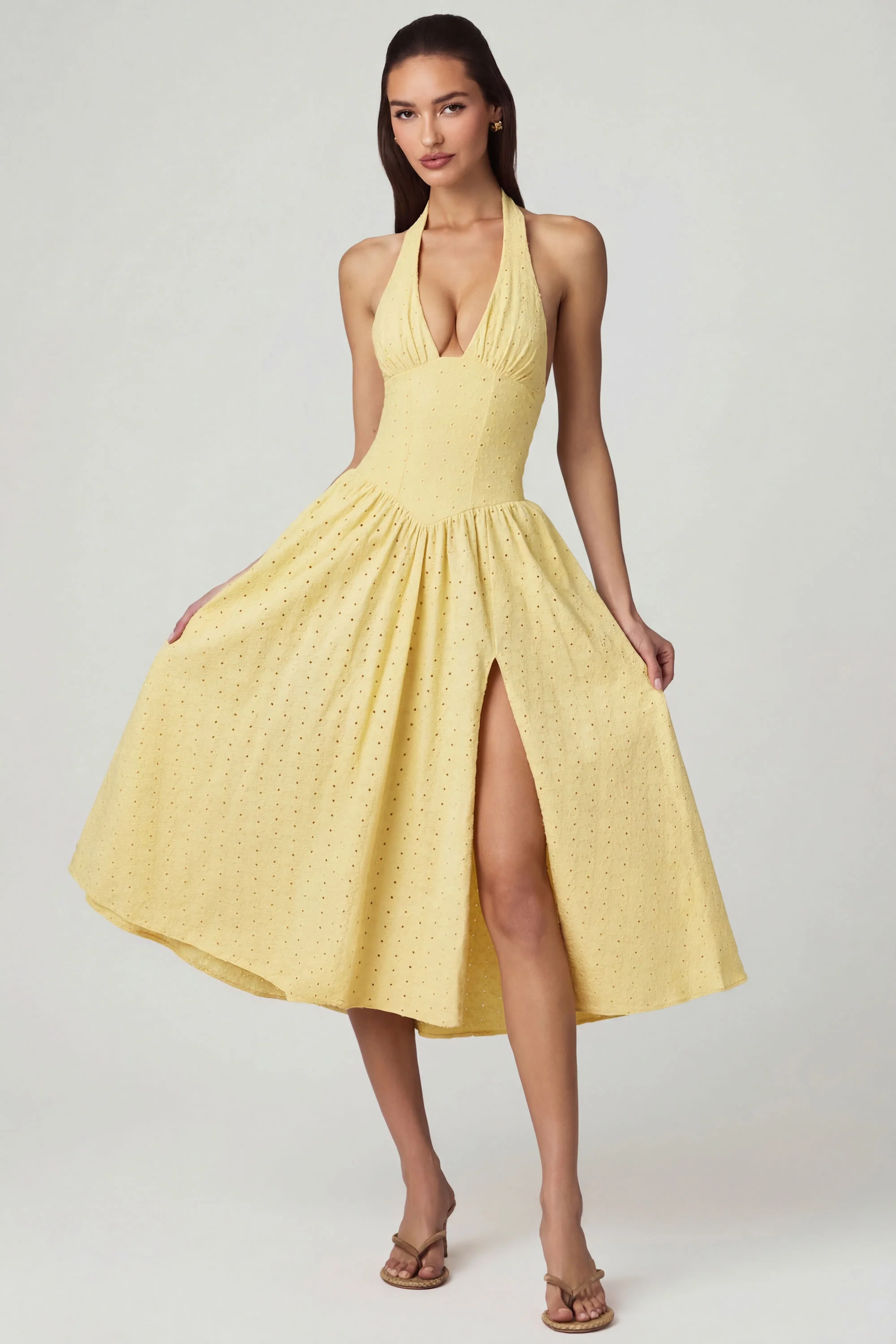 Modal Broderie Anglaise Halterneck Midaxi Dress in Lemon Yellow - Image 5