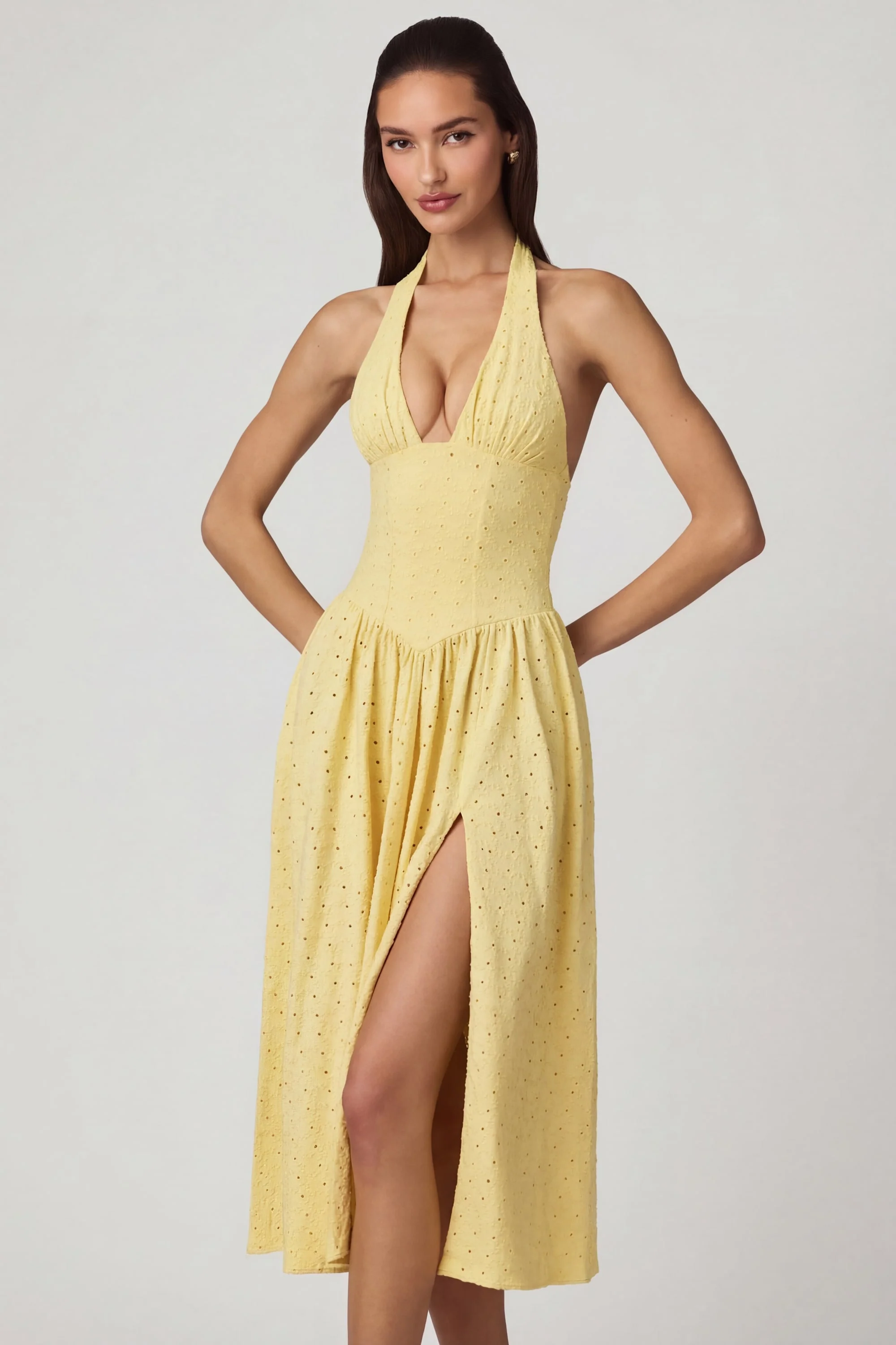 Modal Broderie Anglaise Halterneck Midaxi Dress in Lemon Yellow - Image 7
