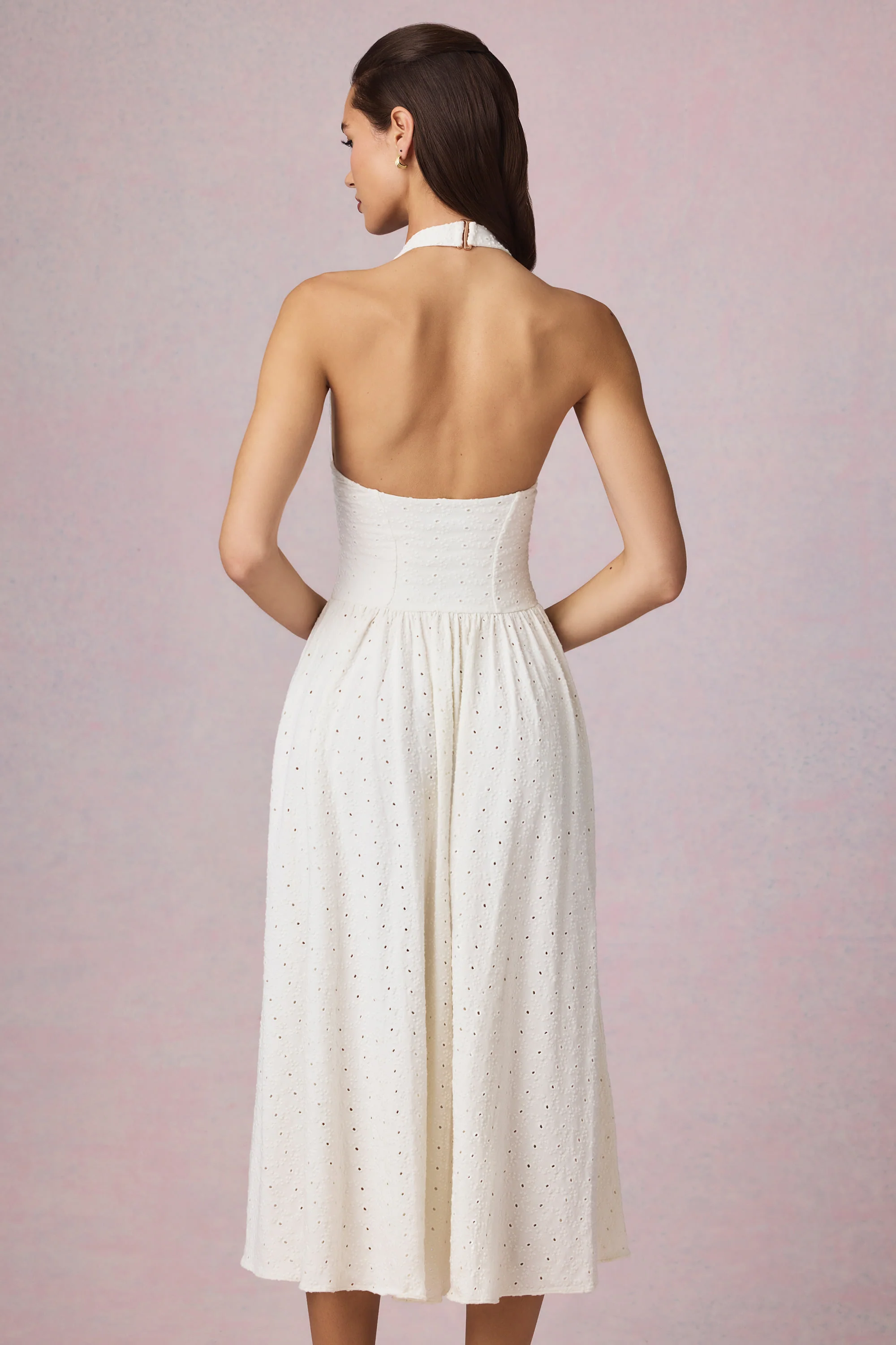 Modal Broderie Anglaise Halterneck Midaxi Dress in White - Image 3