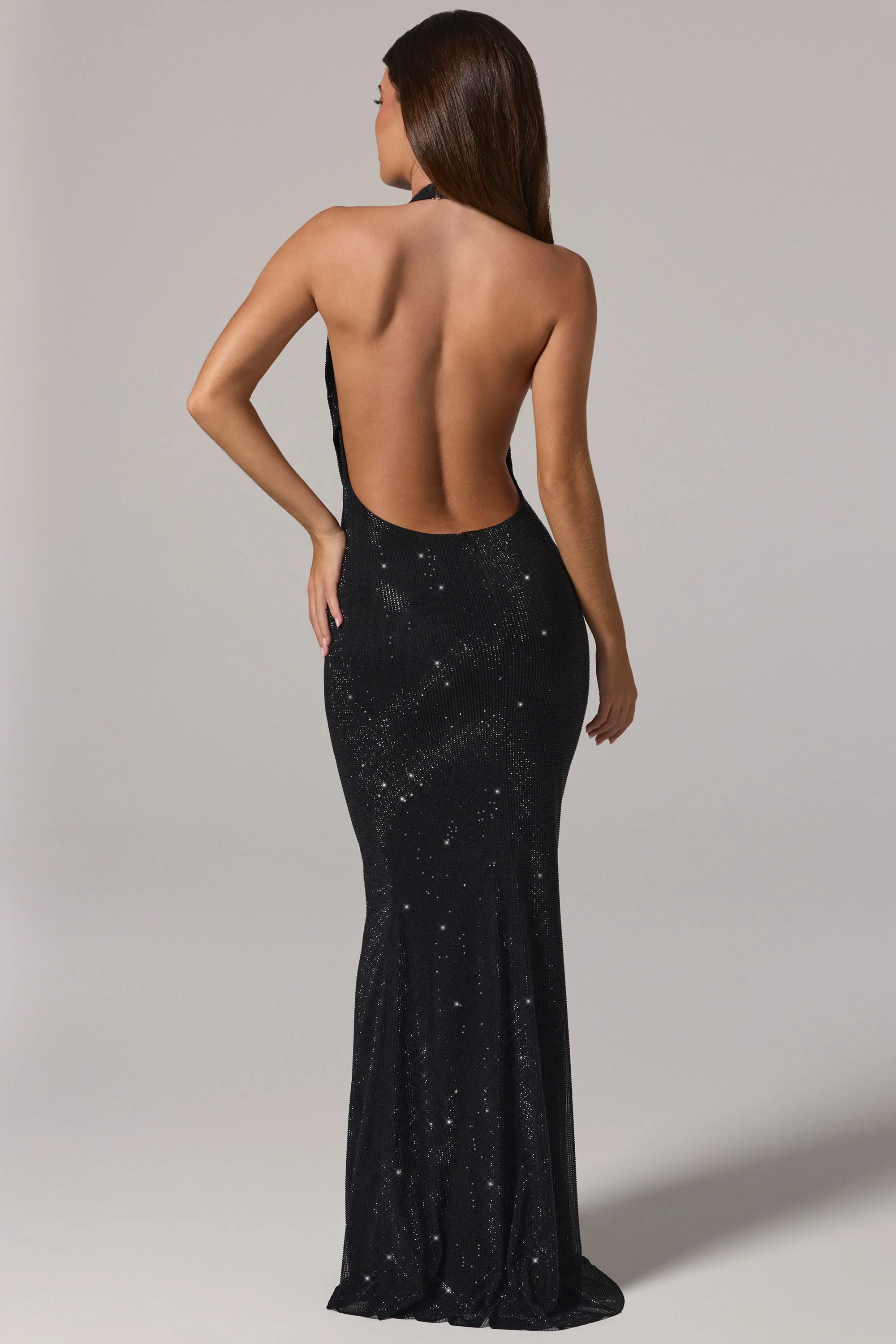 Embellished Cowl-Neck Backless Gown in Black - Image 6