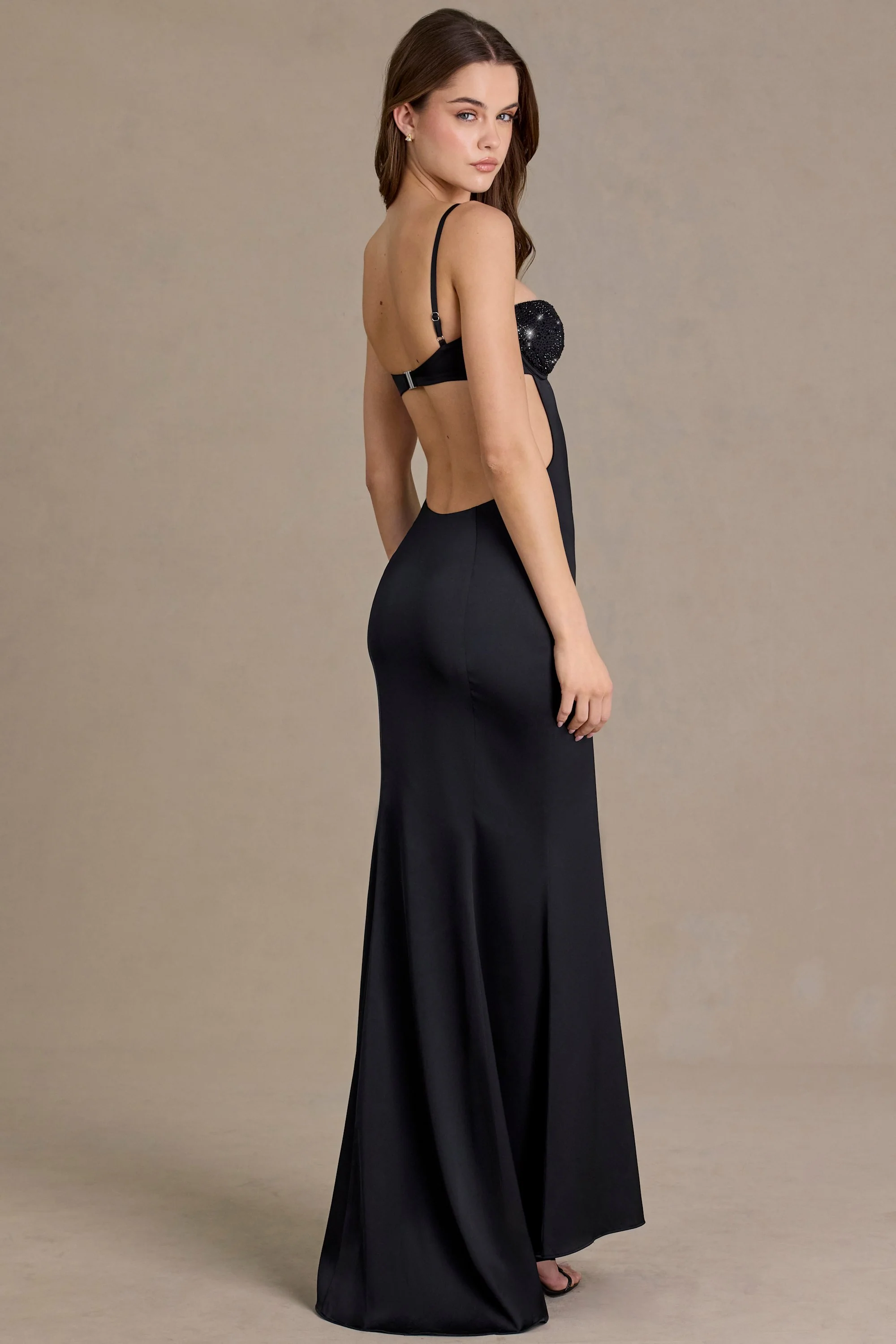 Satin Embellished Bralette Gown in Black - Image 2